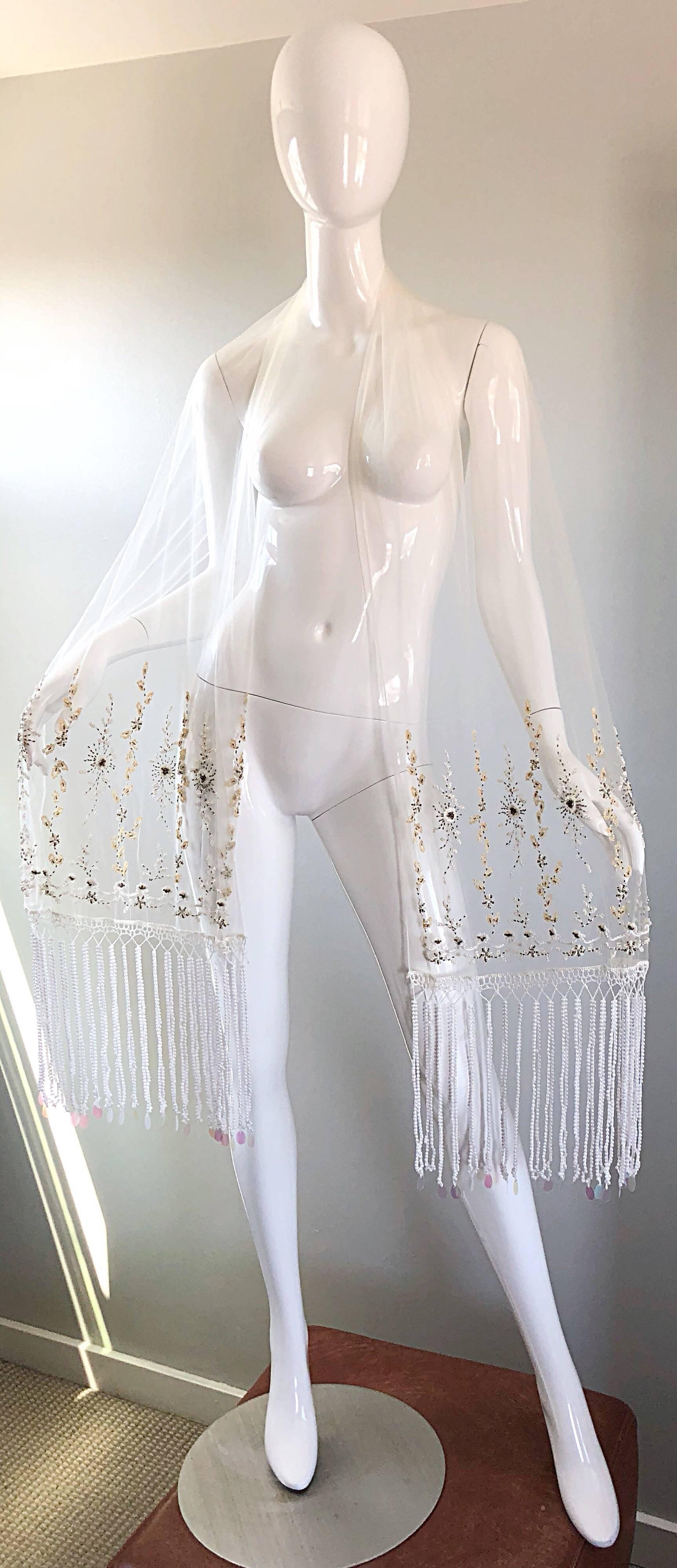 Beautiful Vintage White Sheer Pearl + Beads + Sequins Encrusted Shawl Scarf  For Sale 7