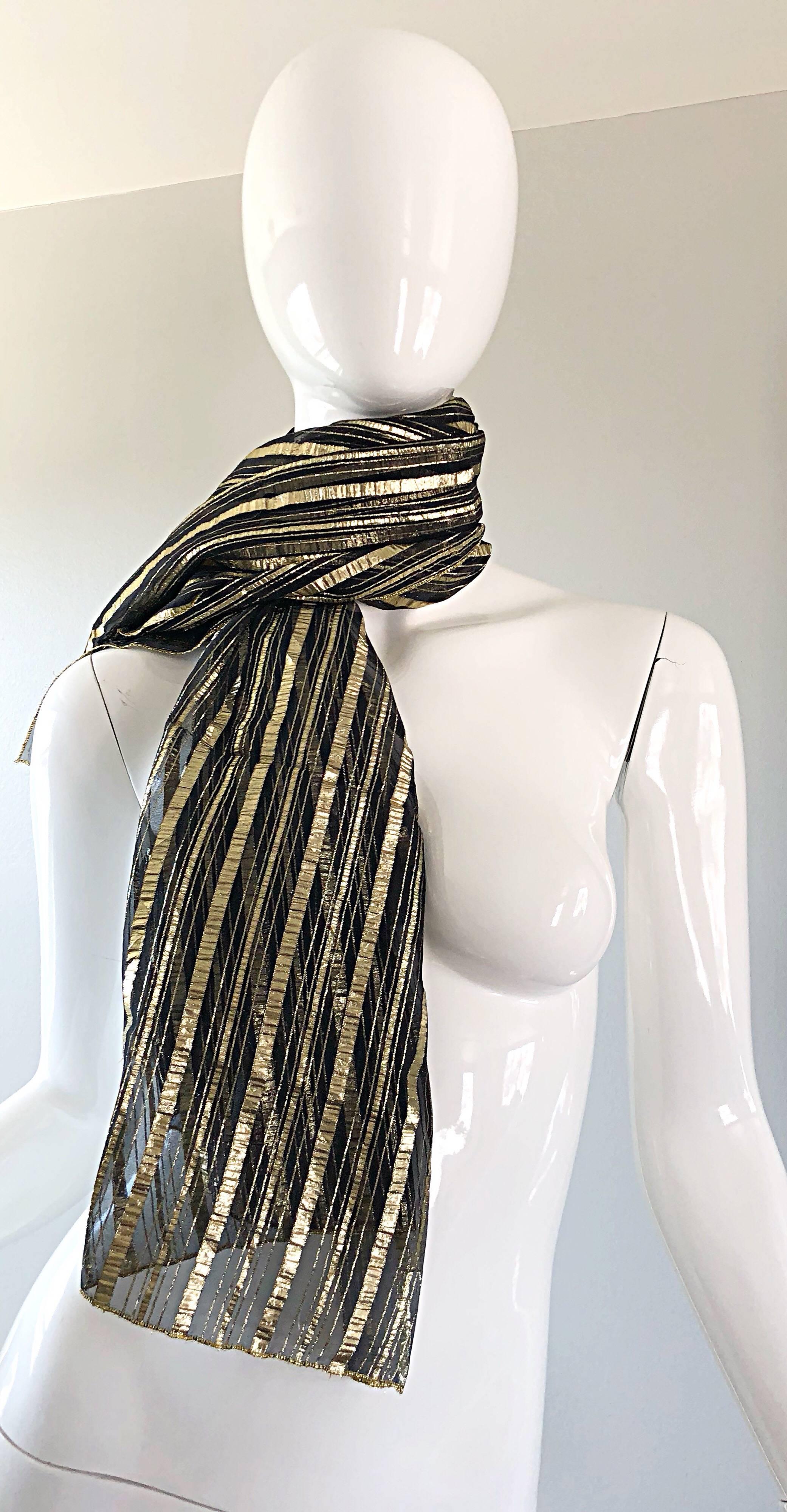  Vintage Christian Dior Large Gold + Black Silk Metallic Beautiful Shawl Scarf In Excellent Condition In San Diego, CA
