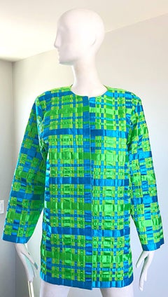 Vintage Tachi Castillo 1980s Neon Green Turquoise Blue 80s Stripes Plaid Jacket