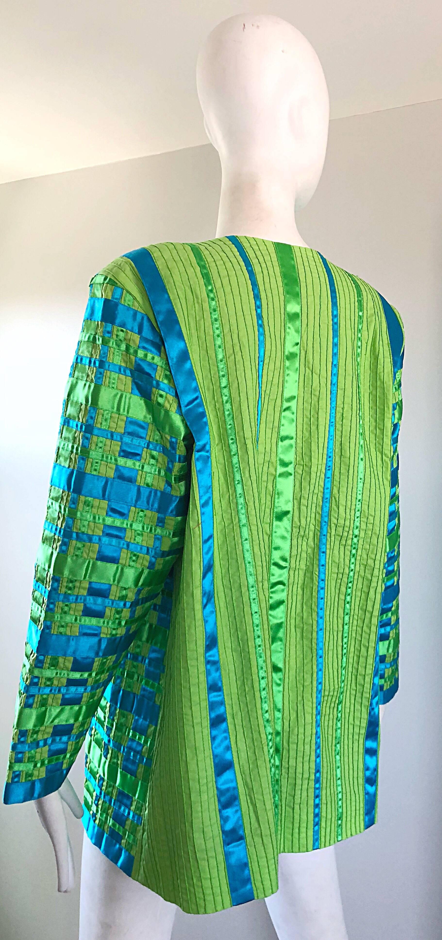 Vintage Tachi Castillo Neongrüne + türkisblaue Streifen und karierte Jacke Damen im Angebot