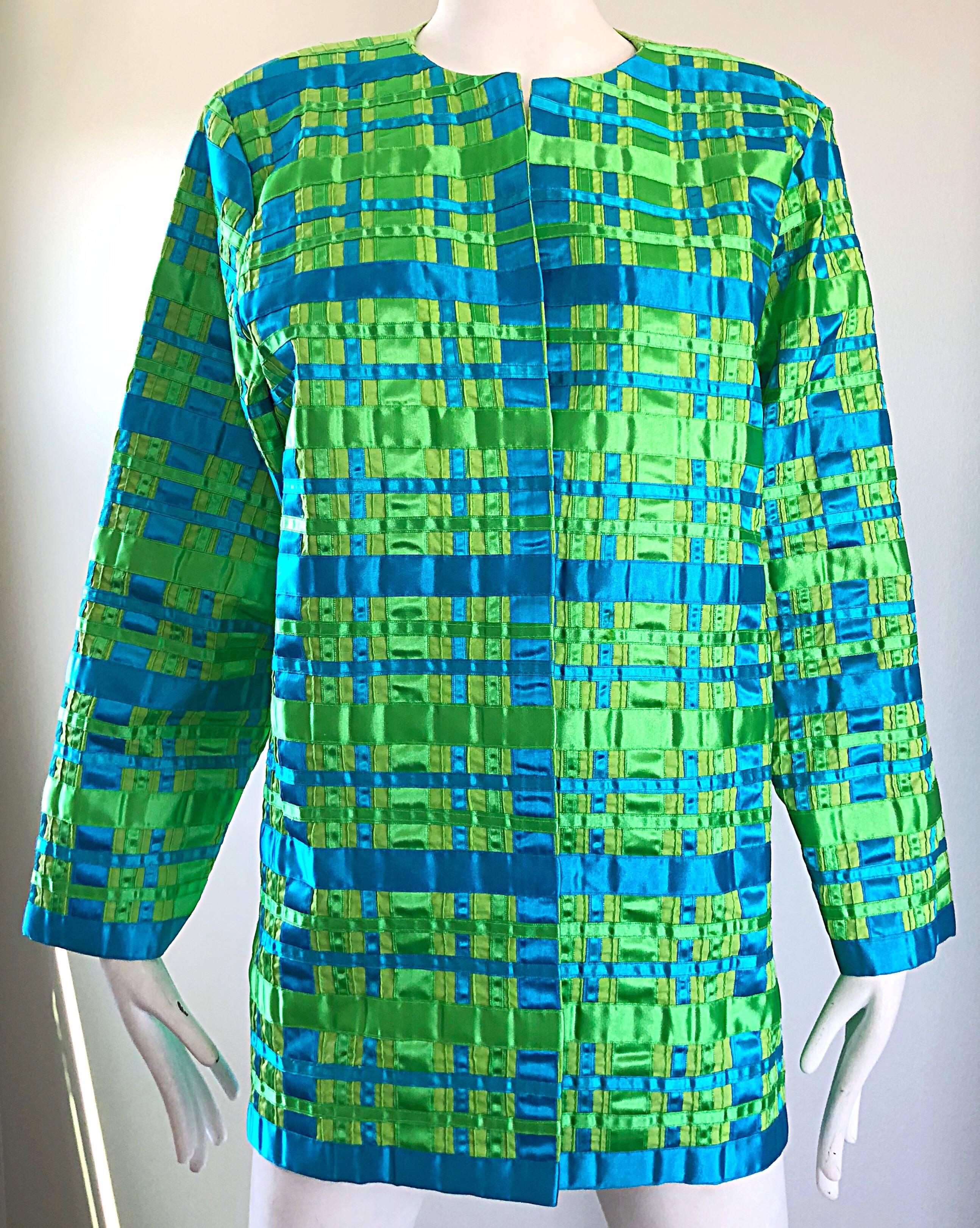 Vintage Tachi Castillo 1980s Neon Green Turquoise Blue 80s Stripes Plaid Jacket In Excellent Condition For Sale In San Diego, CA