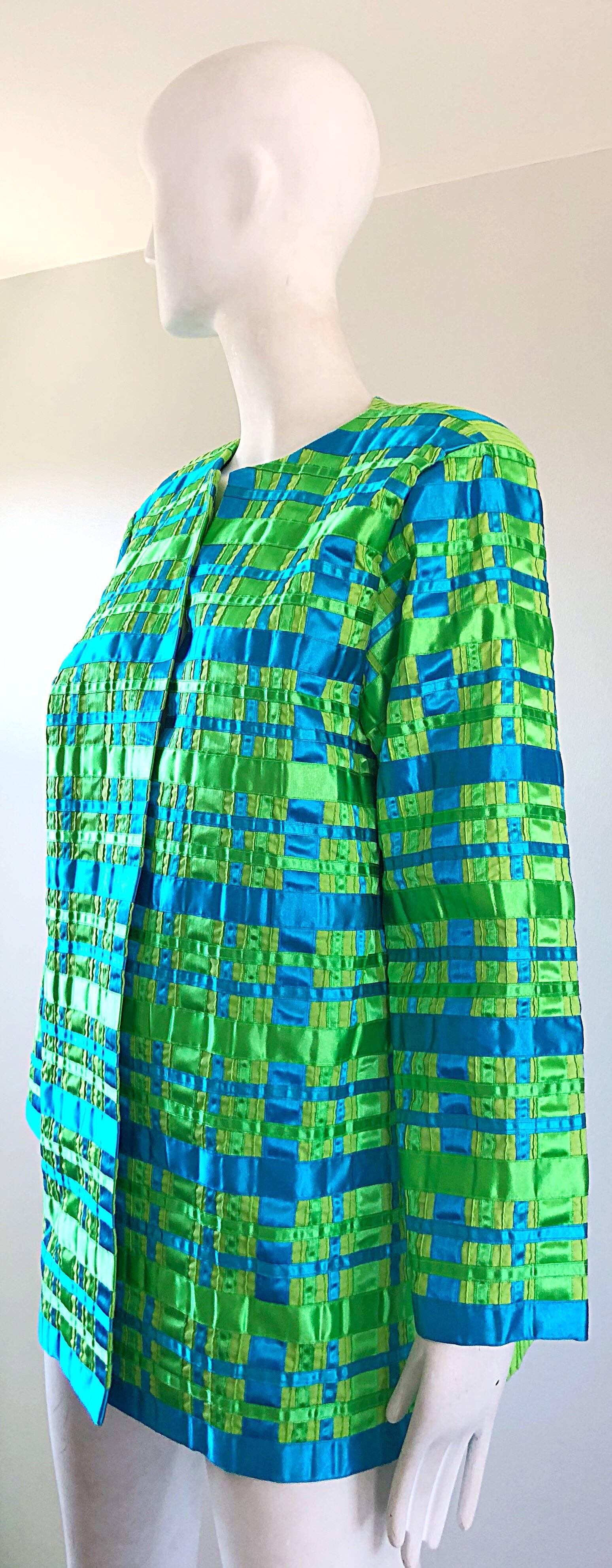 Women's Vintage Tachi Castillo 1980s Neon Green Turquoise Blue 80s Stripes Plaid Jacket For Sale