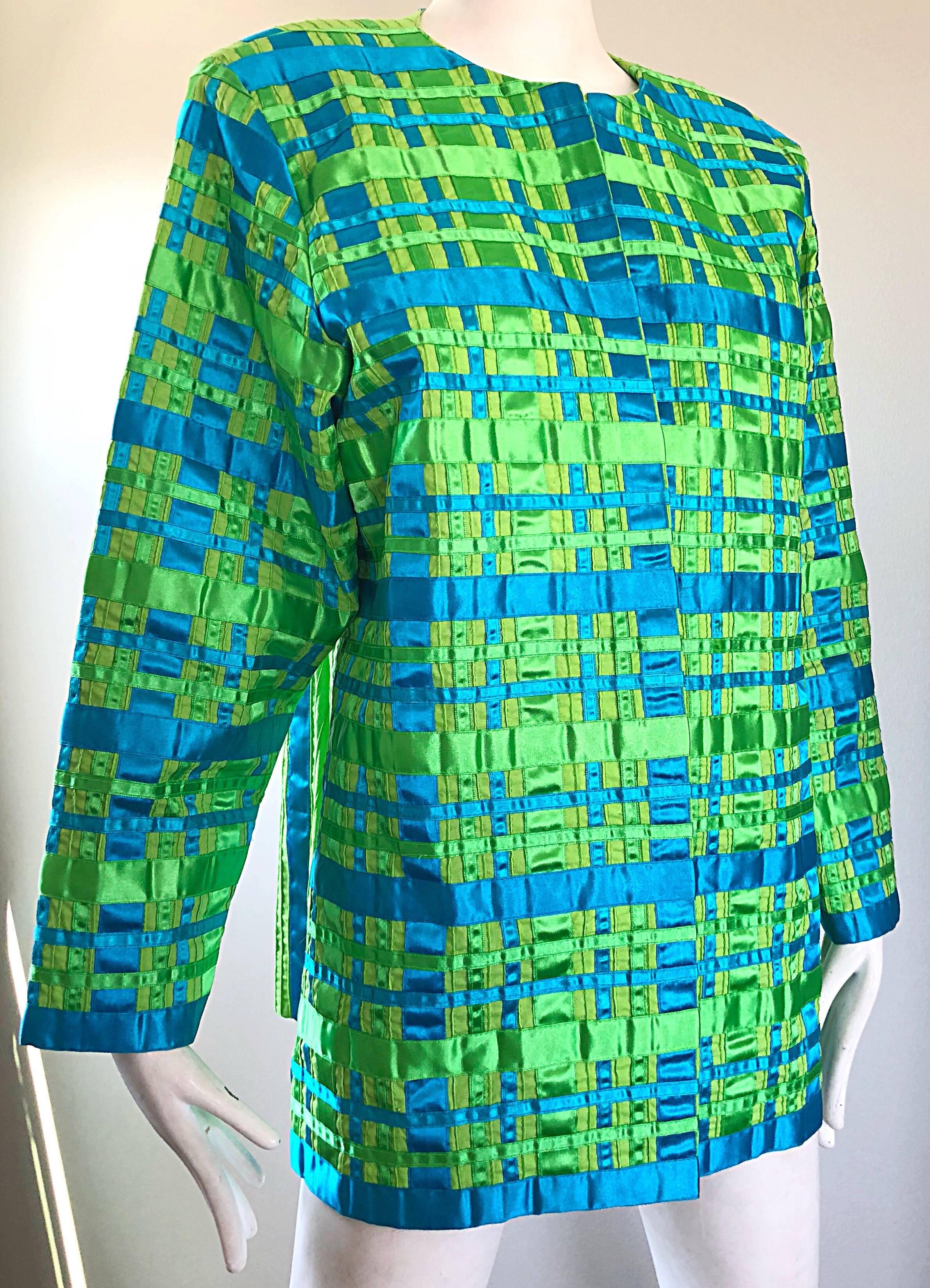 Vintage Tachi Castillo 1980s Neon Green Turquoise Blue 80s Stripes Plaid Jacket For Sale 1