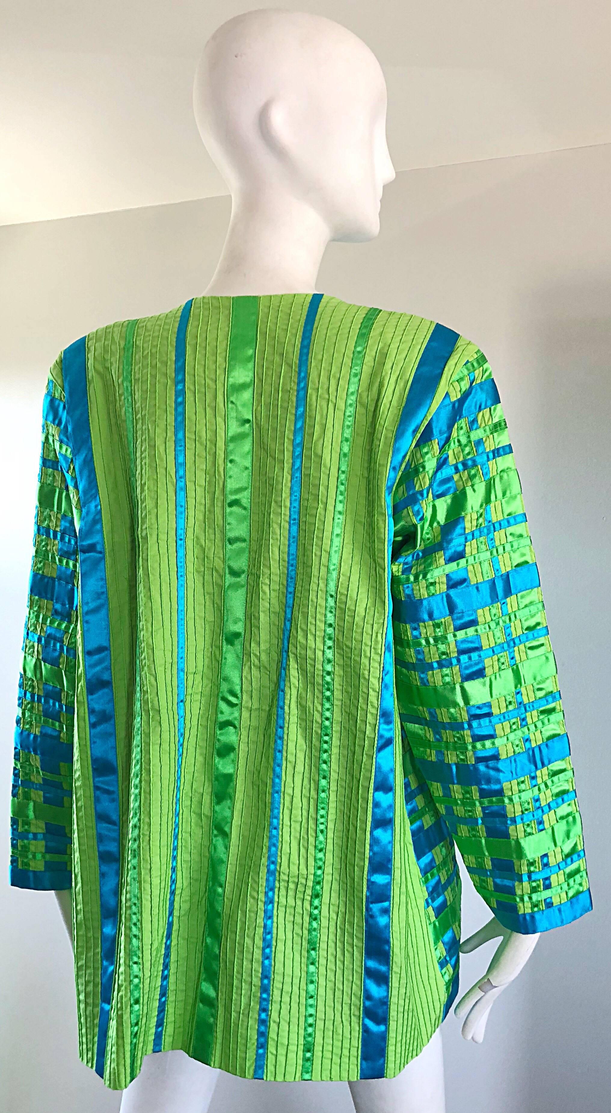 Vintage Tachi Castillo 1980s Neon Green Turquoise Blue 80s Stripes Plaid Jacket For Sale 2