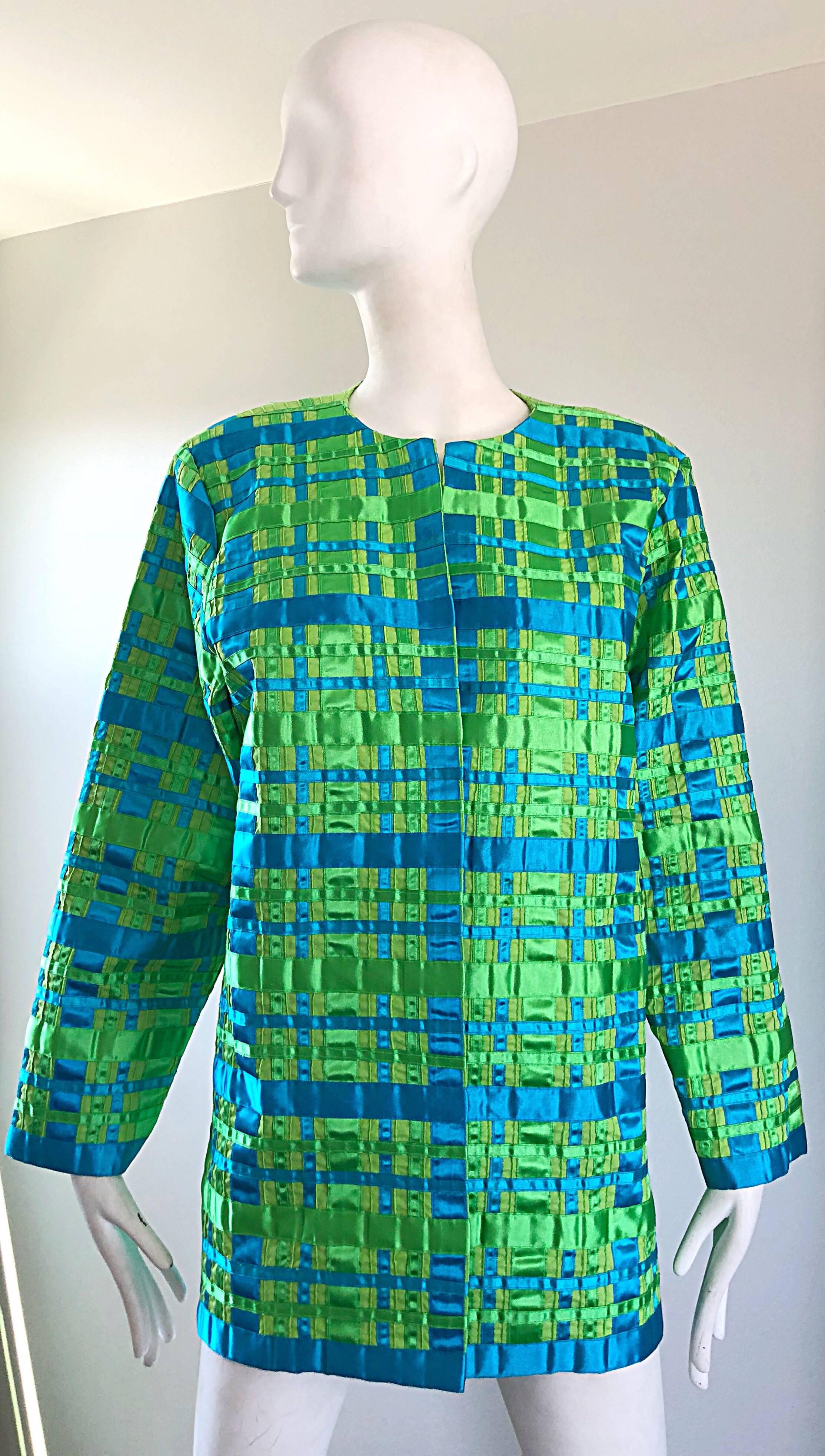 Vintage Tachi Castillo 1980s Neon Green Turquoise Blue 80s Stripes Plaid Jacket For Sale 3