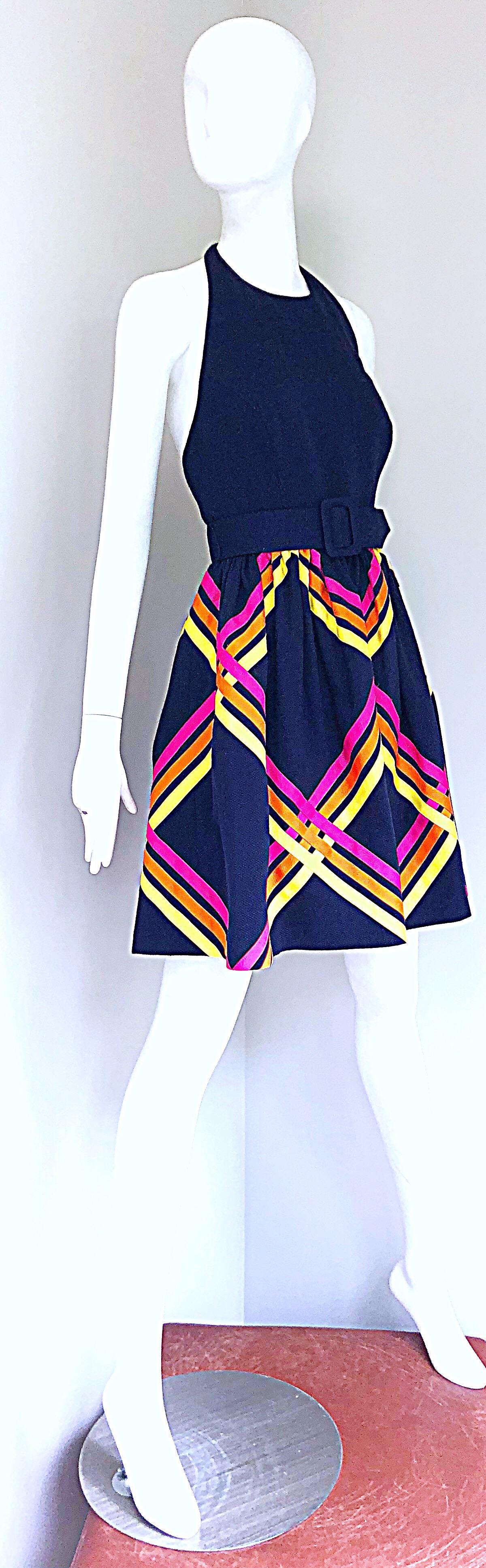 Bill Blass 1990s New w/ Tags Size 4 Navy Blue Ribbon Belted 90s Halter Dress  In New Condition In San Diego, CA