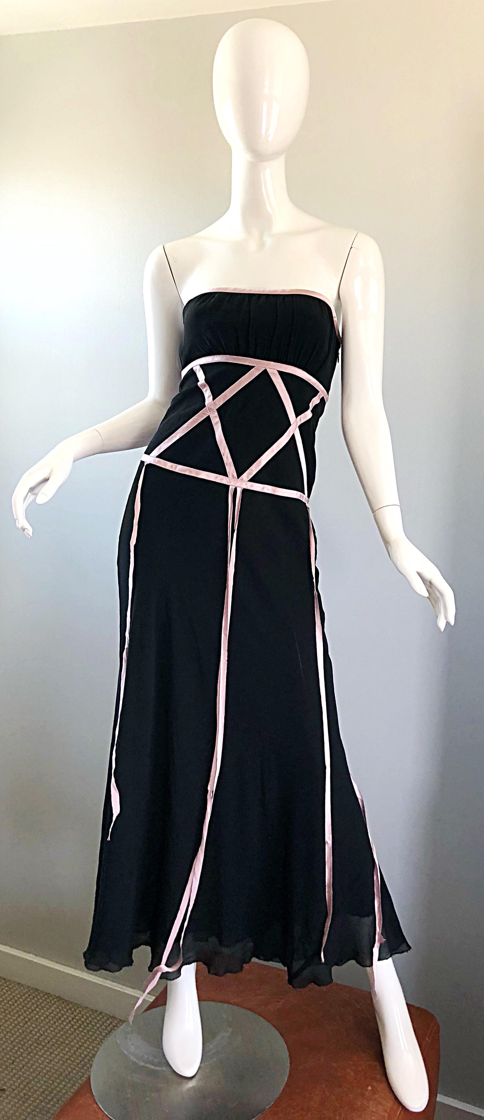 Beautiful vintage 90s NICOLE MILLER COLLECTION black and light pink silk chiffon strapless evening gown! Features a flattering ruched bodice with pale pink crisscross silk ribbon details on the front and back bodice. Matching flowy ribbon detail