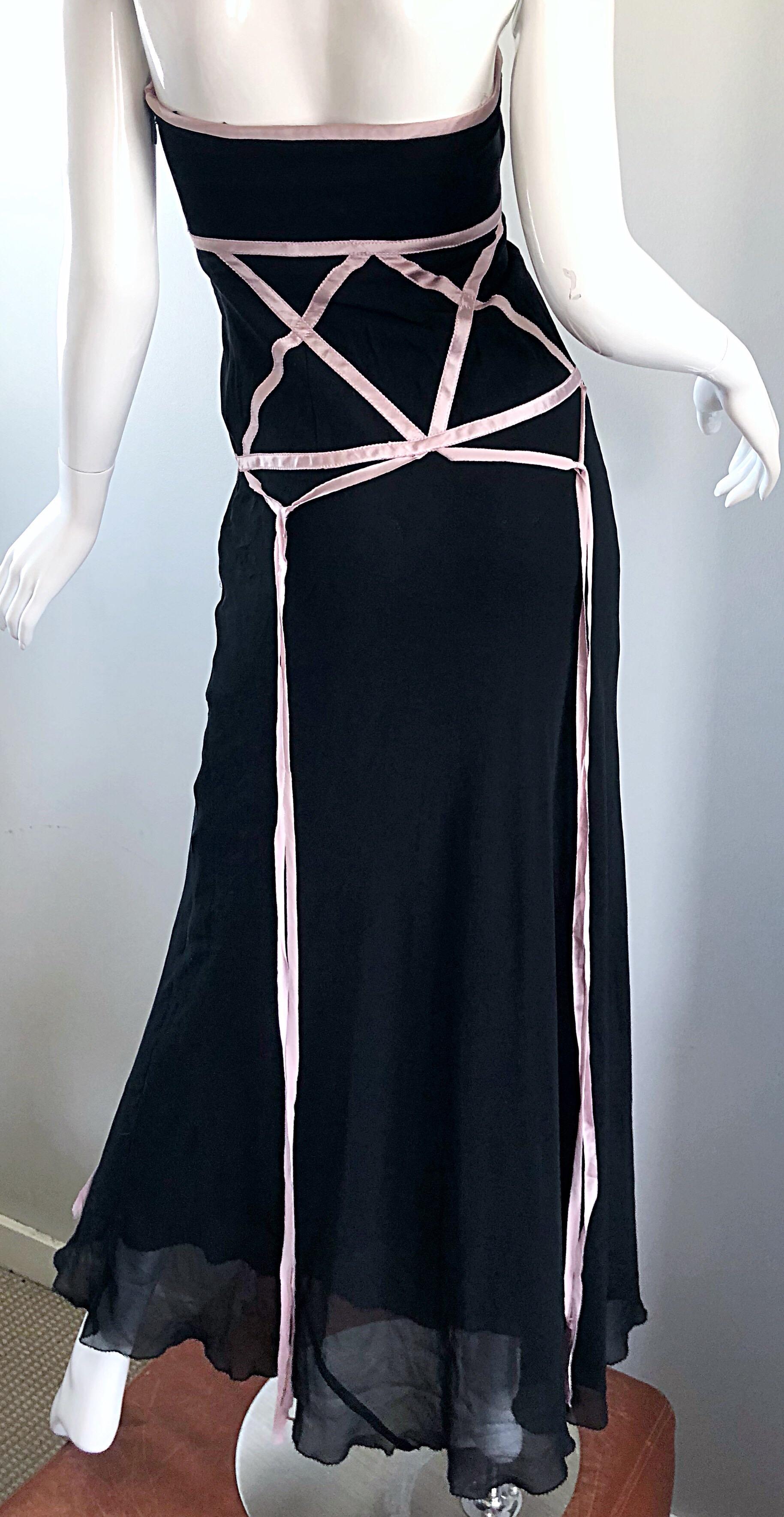 1990s Colección Nicole Miller Talla 0 / 2 Vestido de gasa de seda negro + rosa en venta 5