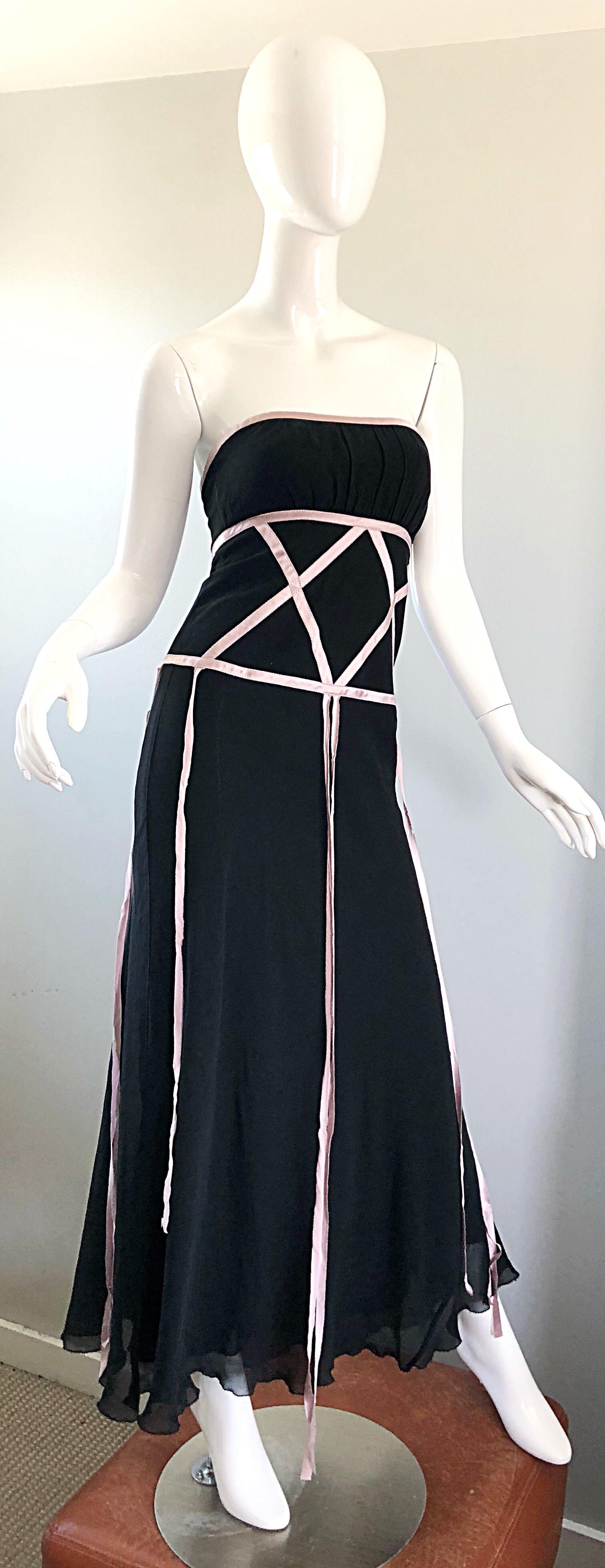 1990s Colección Nicole Miller Talla 0 / 2 Vestido de gasa de seda negro + rosa en venta 6