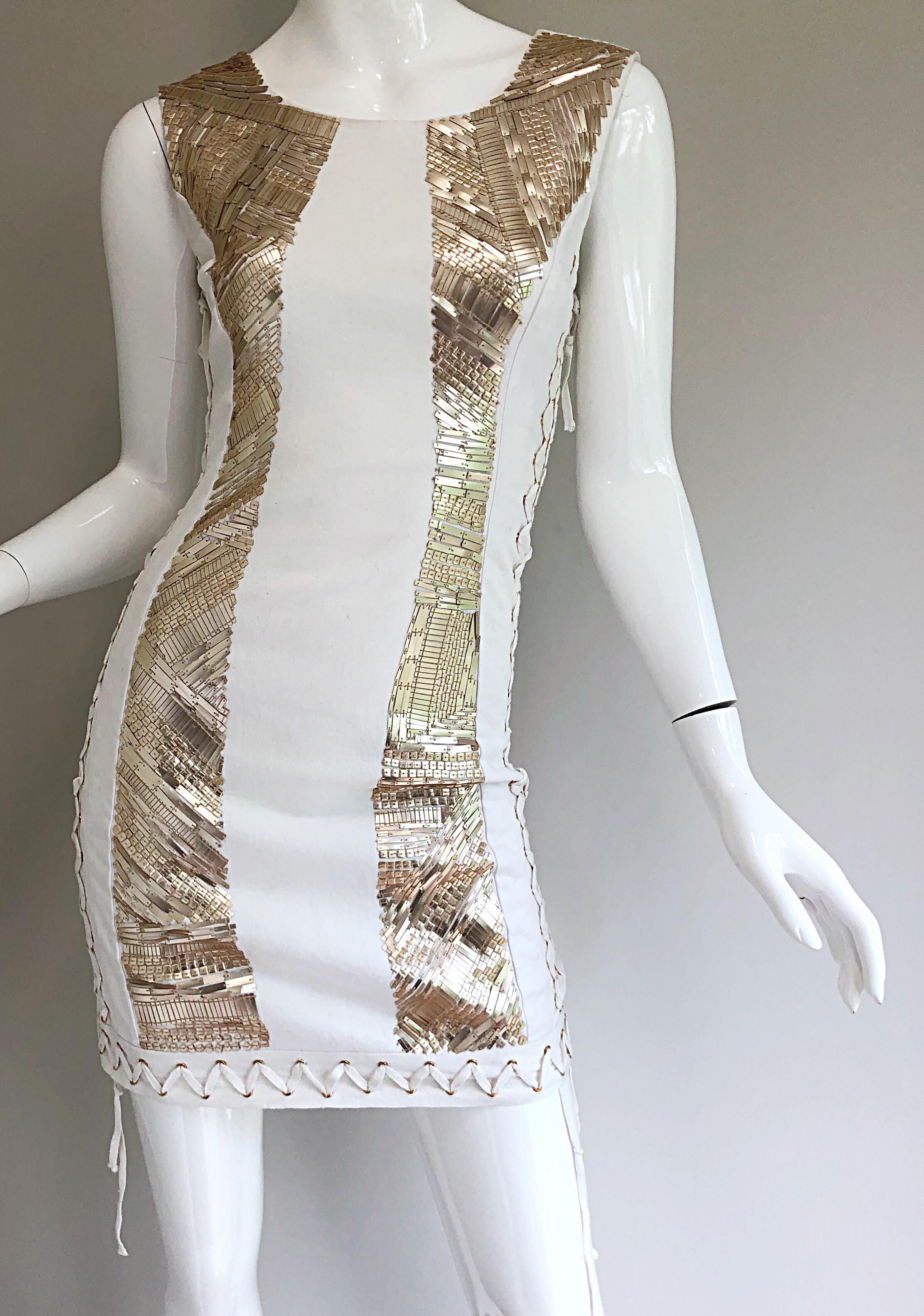 Pierre Balmain New w/ Tags White + Gold Sequined Lace Up Sleeveless Mini Dress In New Condition In San Diego, CA