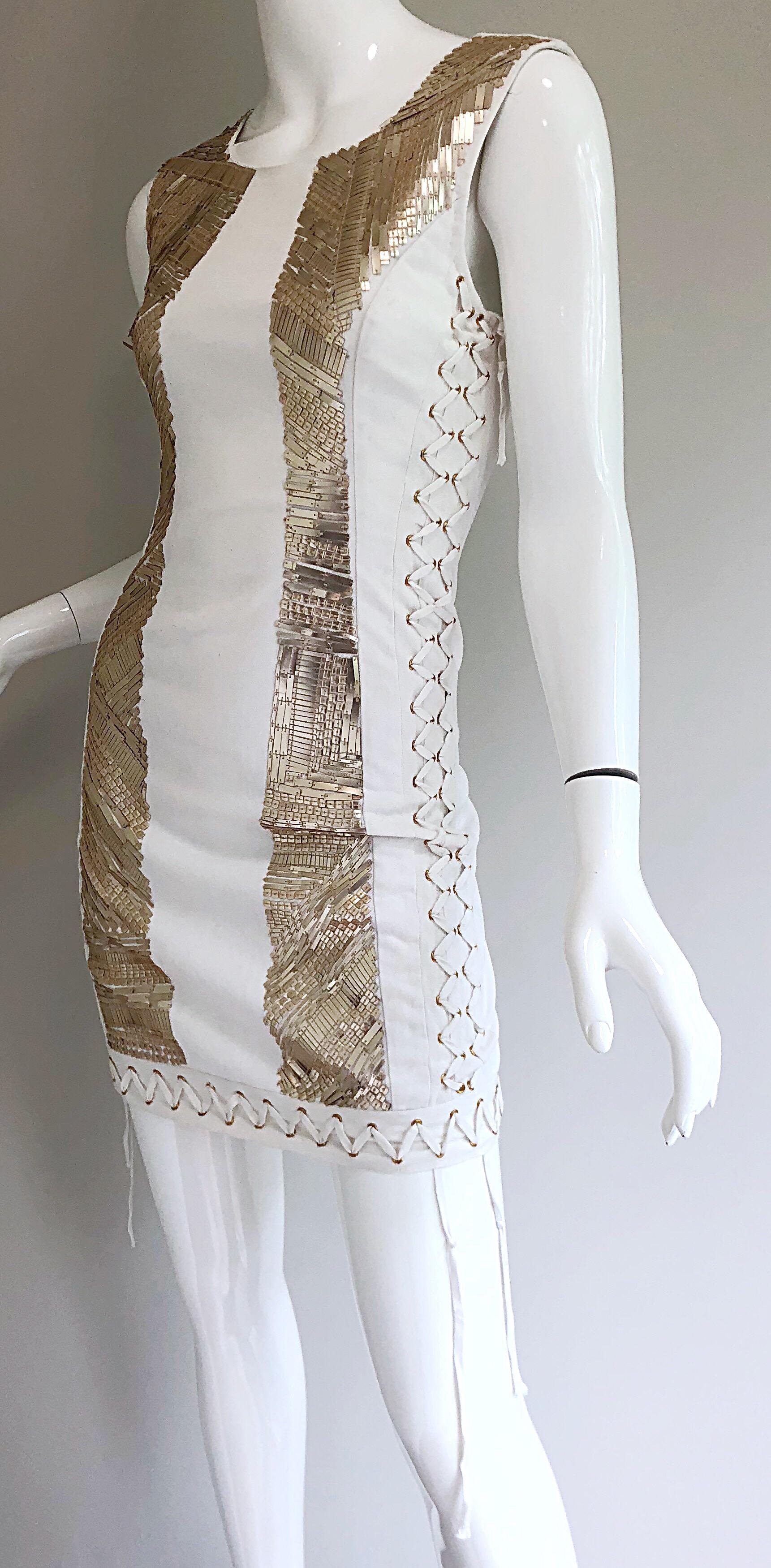 Pierre Balmain New w/ Tags White + Gold Sequined Lace Up Sleeveless Mini Dress 1