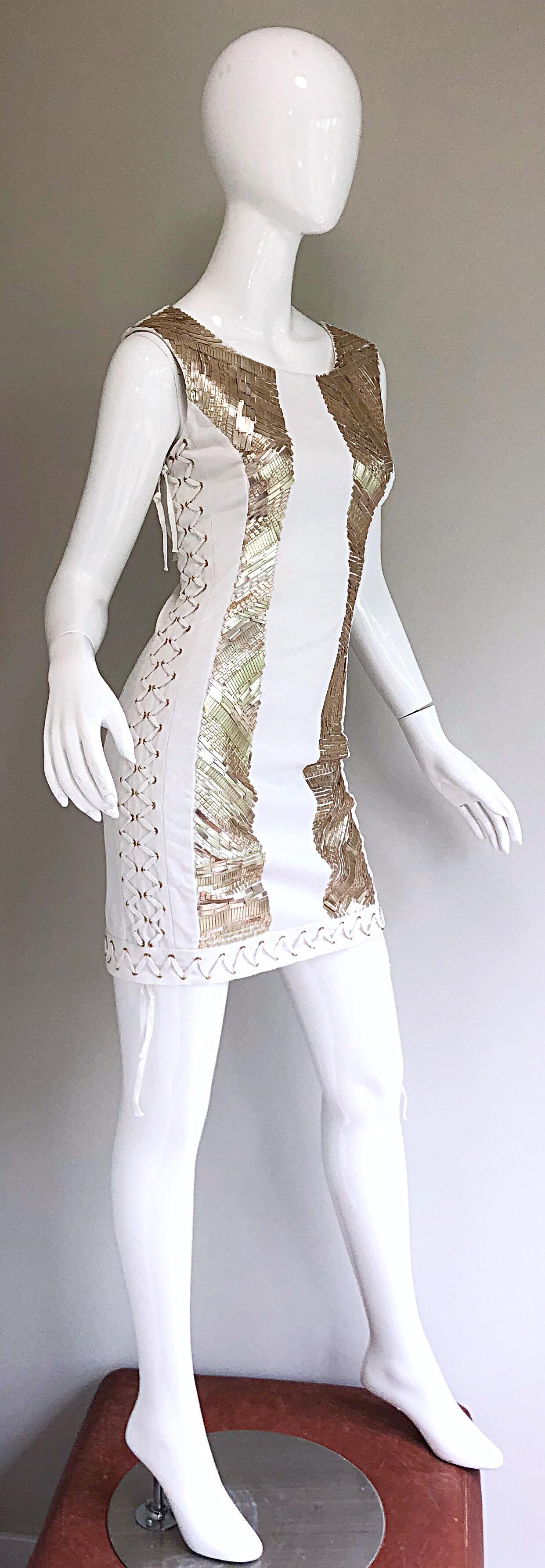 Pierre Balmain New w/ Tags White + Gold Sequined Lace Up Sleeveless Mini Dress 3