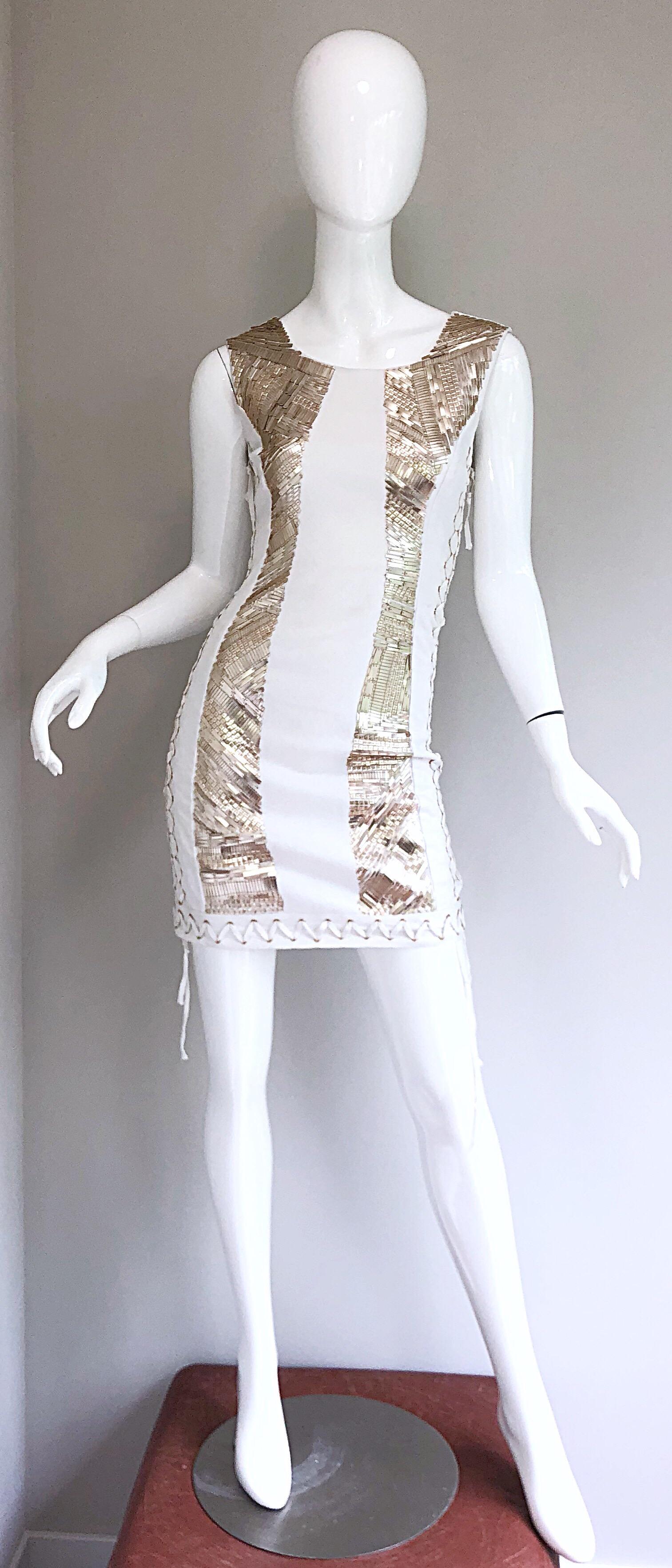 Pierre Balmain New w/ Tags White + Gold Sequined Lace Up Sleeveless Mini Dress 6