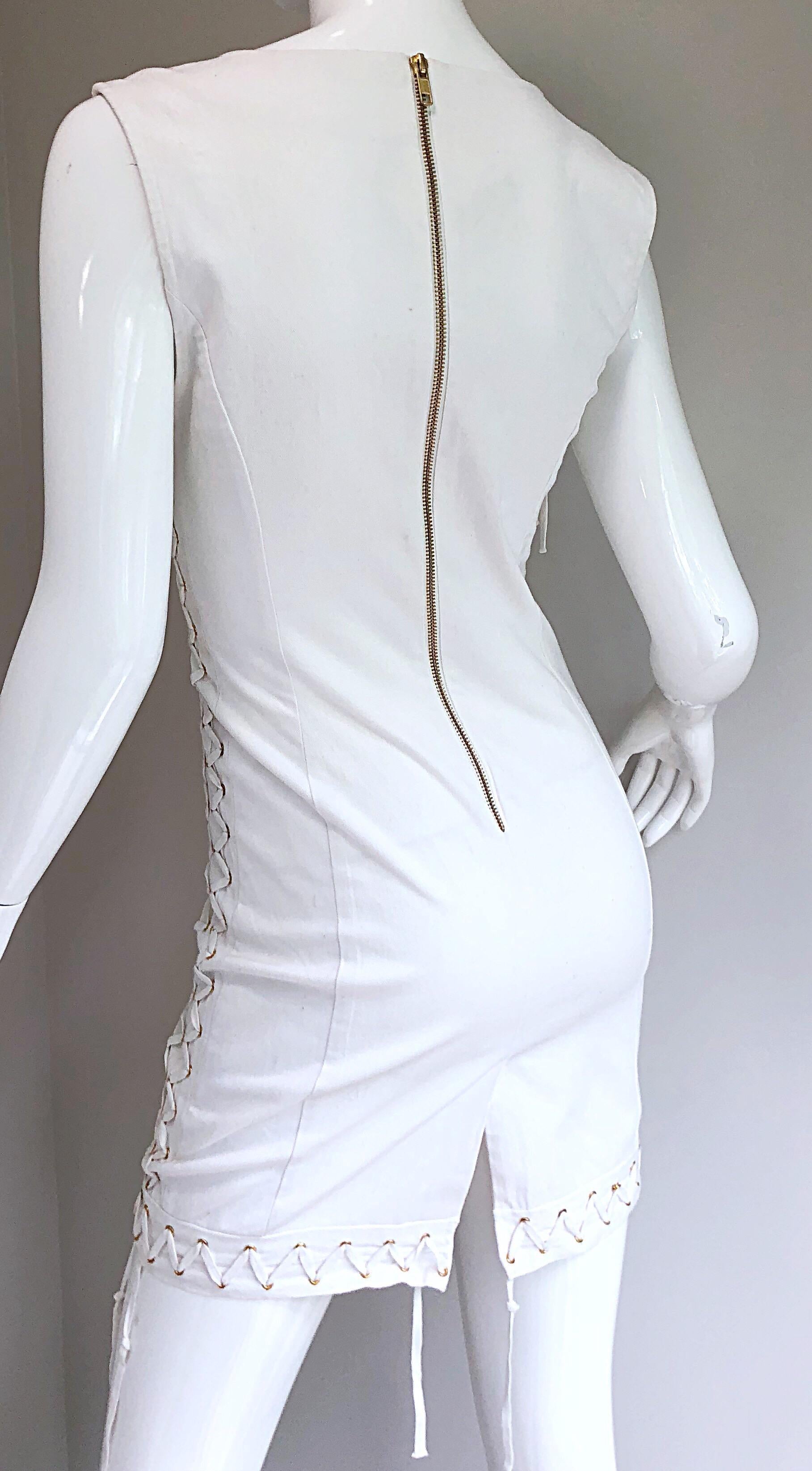 Gray Pierre Balmain New w/ Tags White + Gold Sequined Lace Up Sleeveless Mini Dress