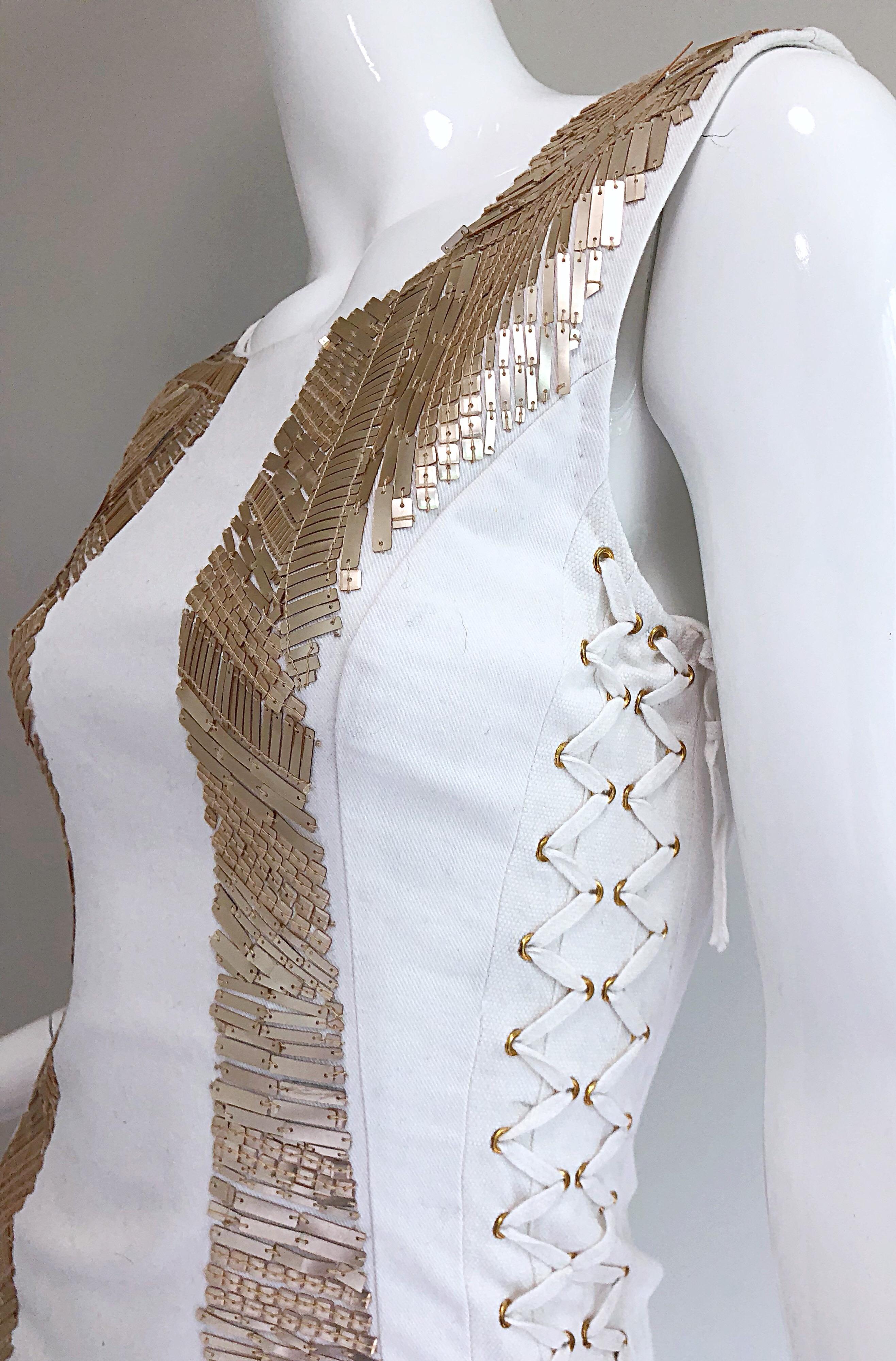 Pierre Balmain New w/ Tags White + Gold Sequined Lace Up Sleeveless Mini Dress 2