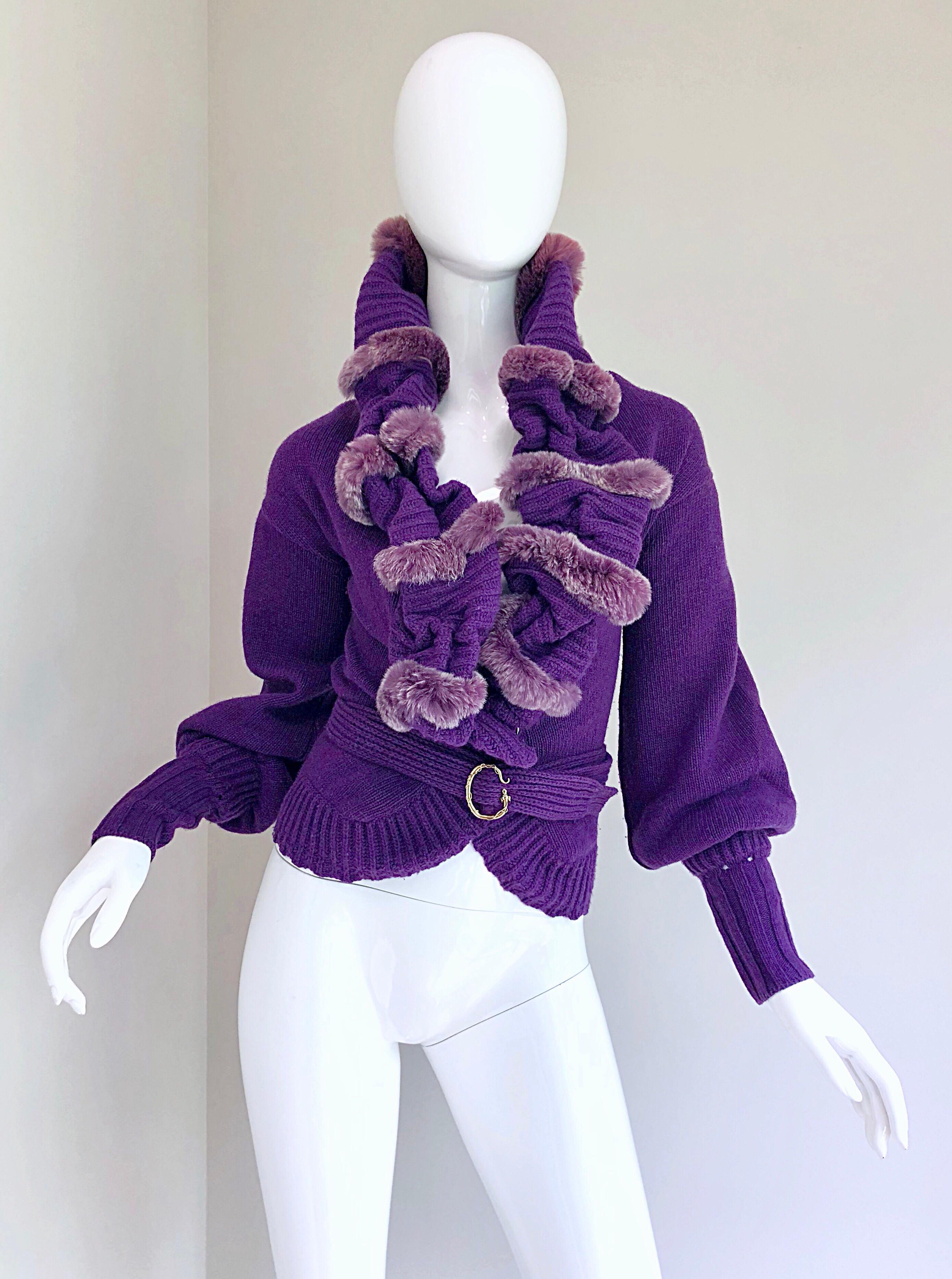 Chic early 2000s ROBERTO CAVALLI regal purple luxurious fur and soft virgin wool belted cardigan sweater! Avant Garde style with luxurious fur trim. Detachable matching belt features signature Cavalli serpent buckle. Hidden snap at front center