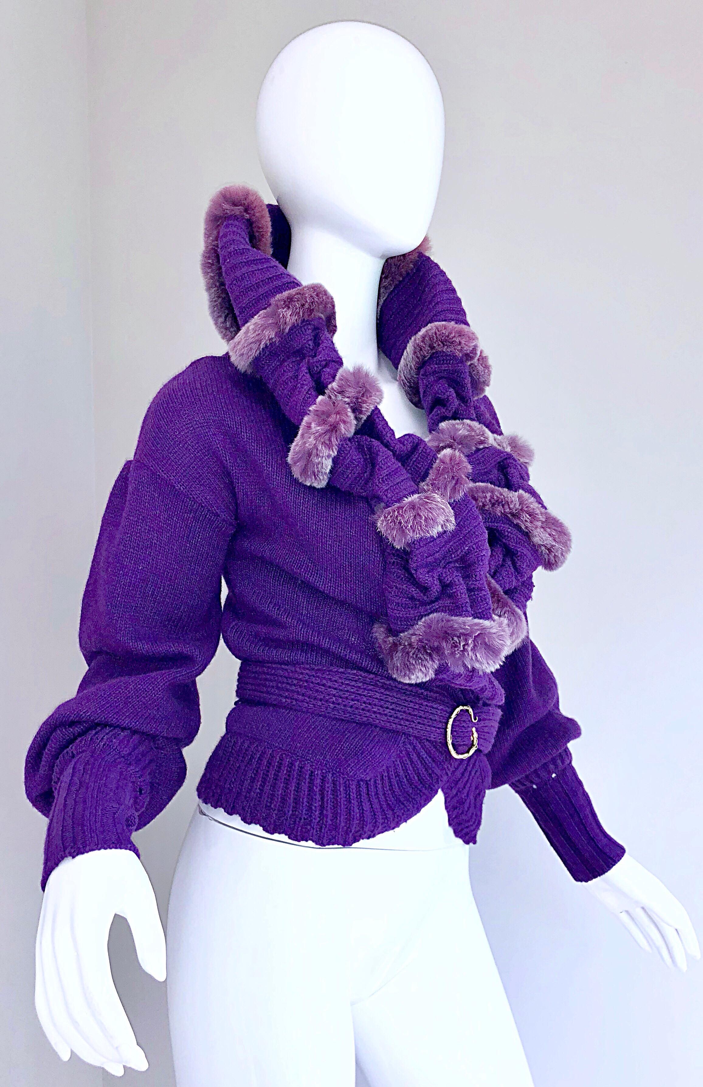 purple fur trim cardigan