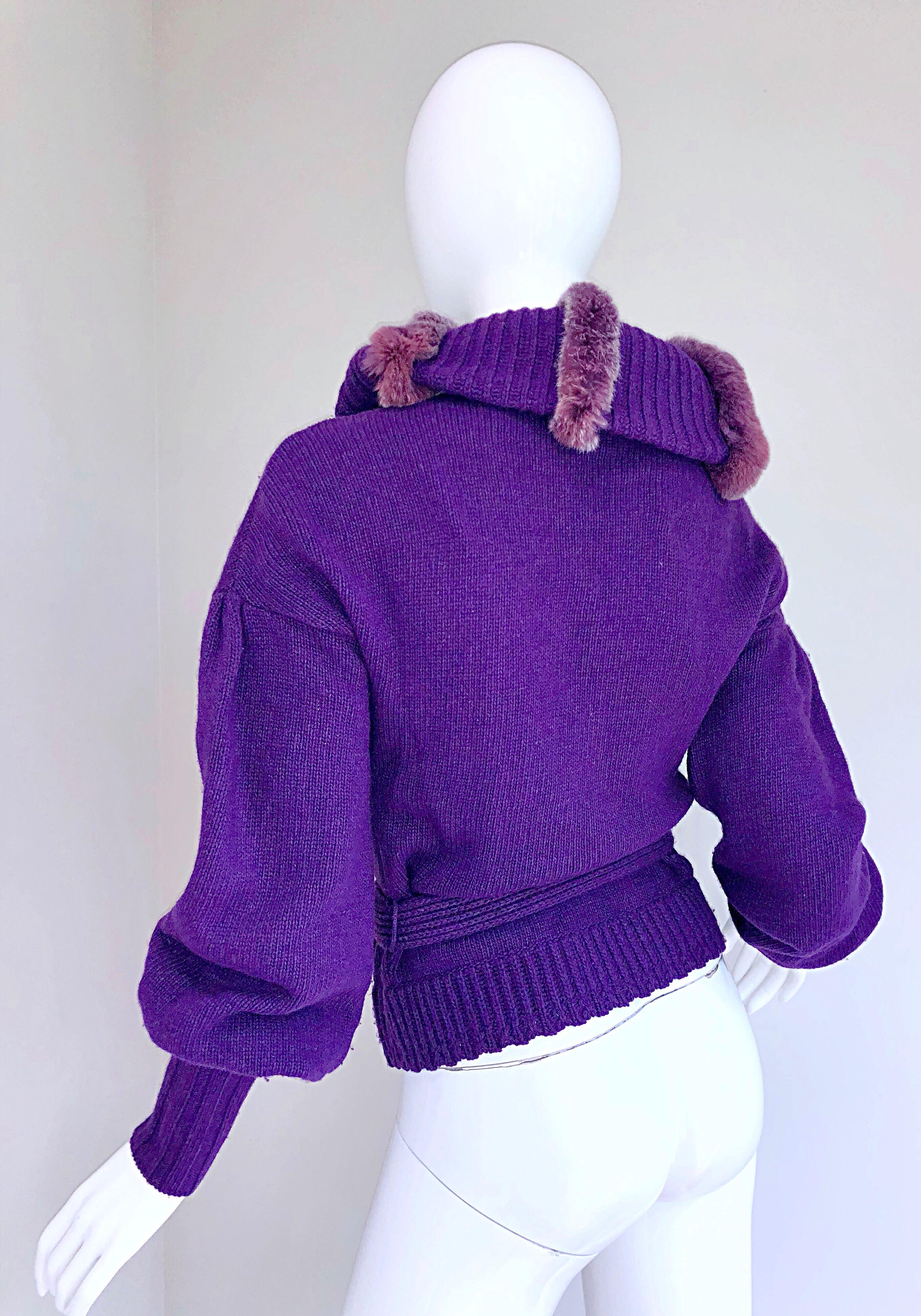 Women's Roberto Cavalli Purple 2000s Luxurious Fur Wool Belted Cardigan Sweater Jacket