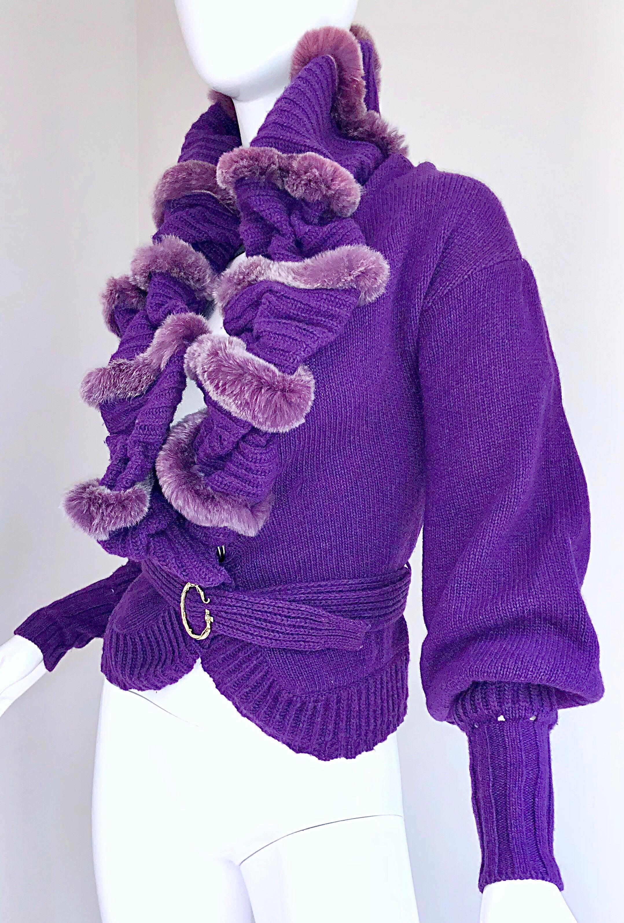 Roberto Cavalli Purple 2000s Luxurious Fur Wool Belted Cardigan Sweater Jacket 1