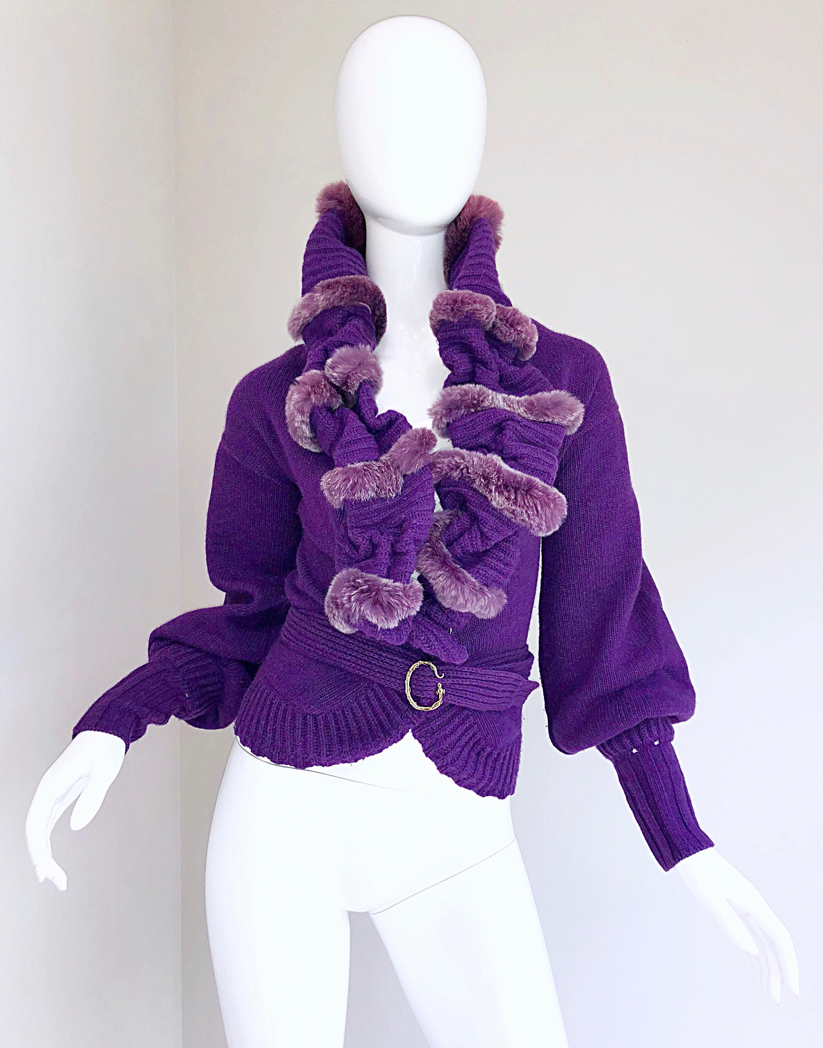 Roberto Cavalli Purple 2000s Luxurious Fur Wool Belted Cardigan Sweater Jacket 3