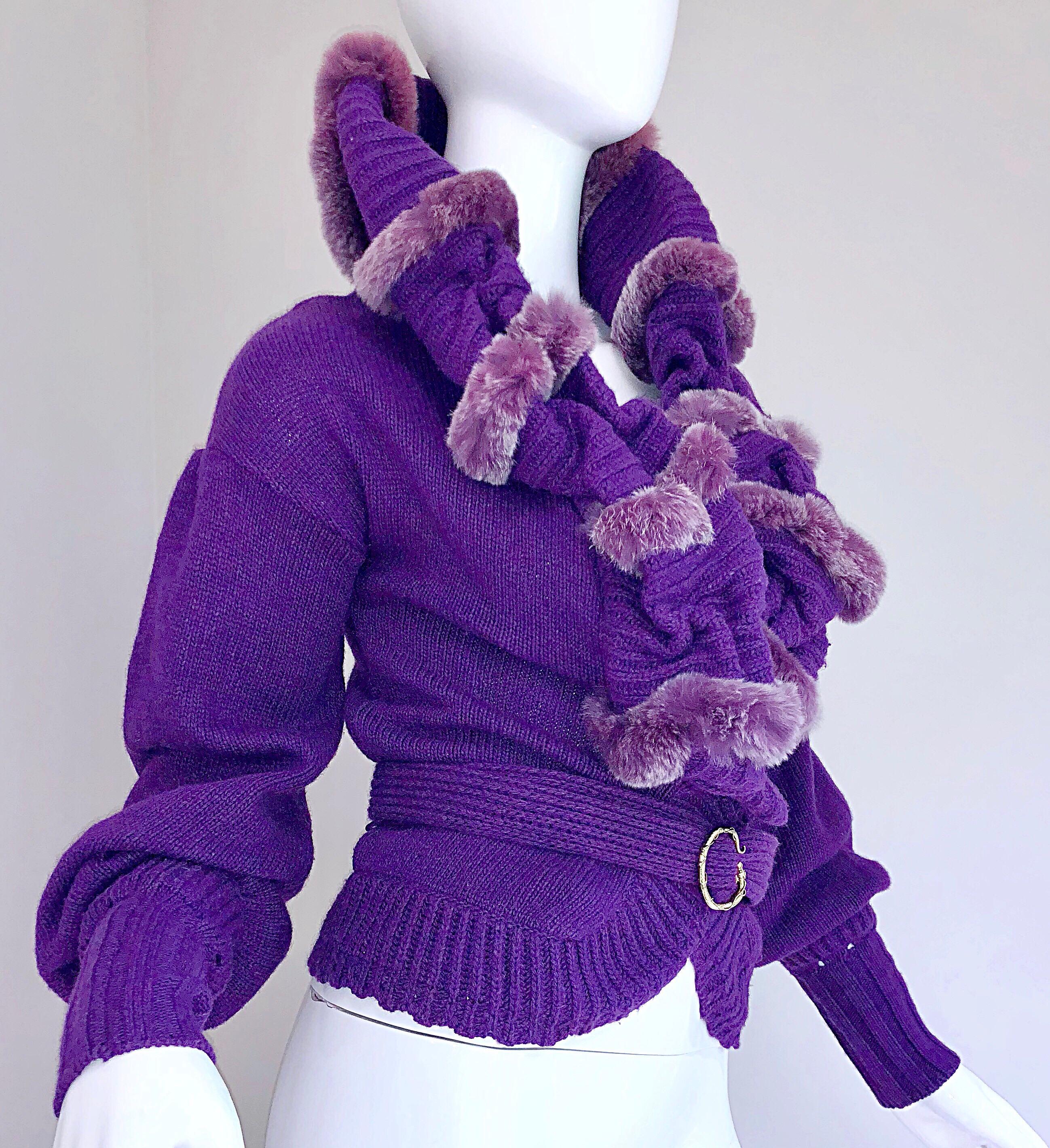 Roberto Cavalli Purple 2000s Luxurious Fur Wool Belted Cardigan Sweater Jacket 4