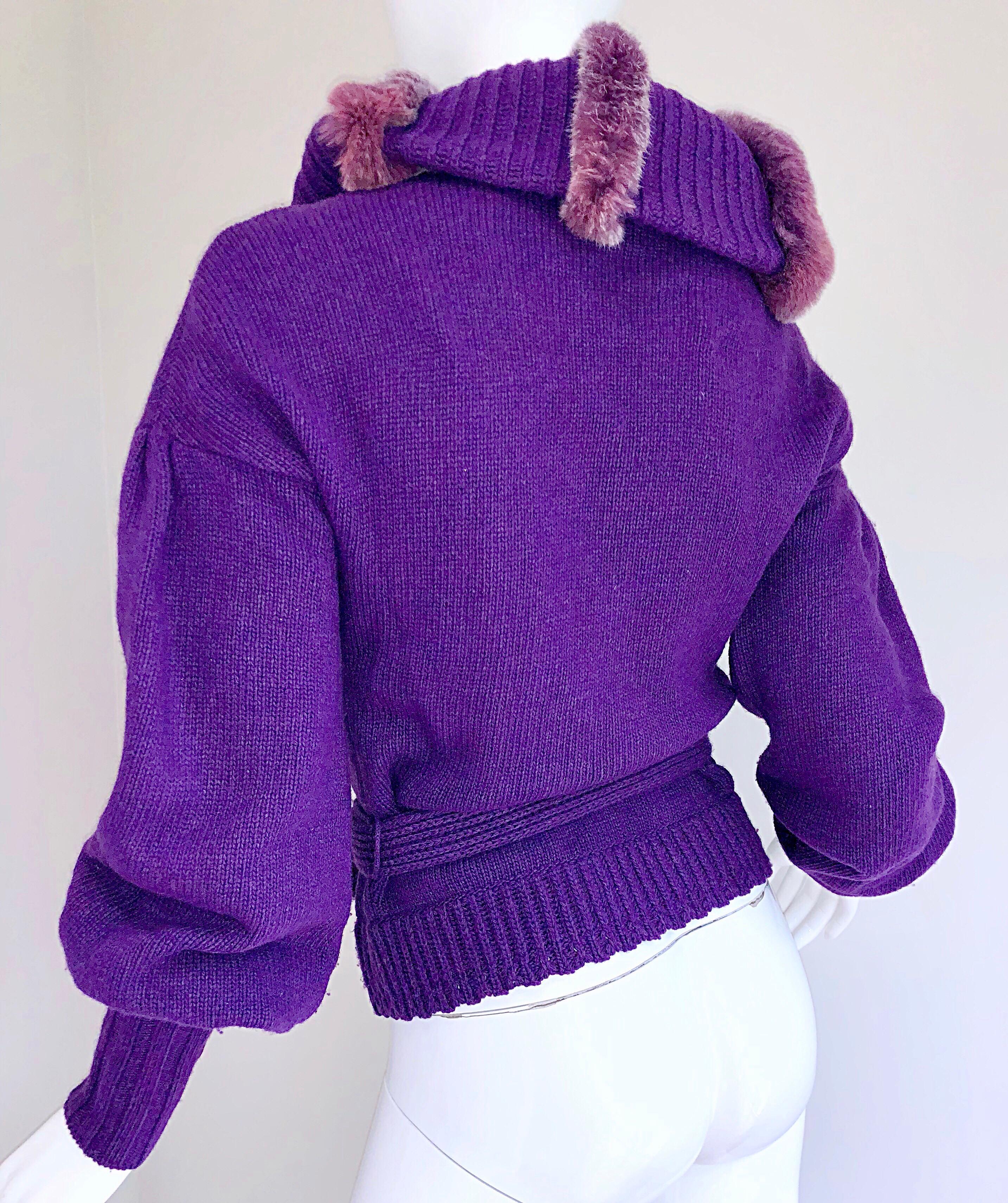 Roberto Cavalli Purple 2000s Luxurious Fur Wool Belted Cardigan Sweater Jacket 5