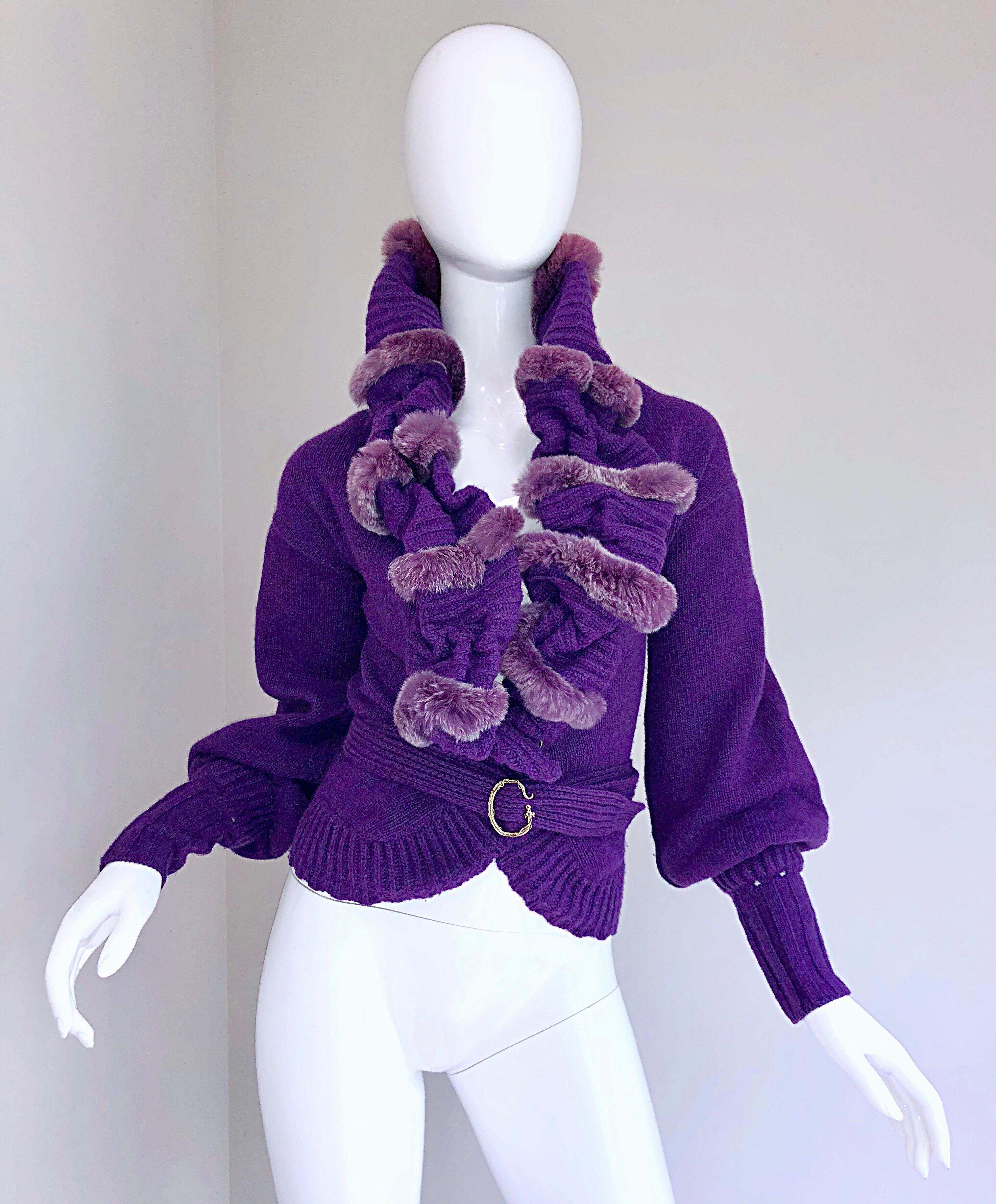 Roberto Cavalli Purple 2000s Luxurious Fur Wool Belted Cardigan Sweater Jacket 6