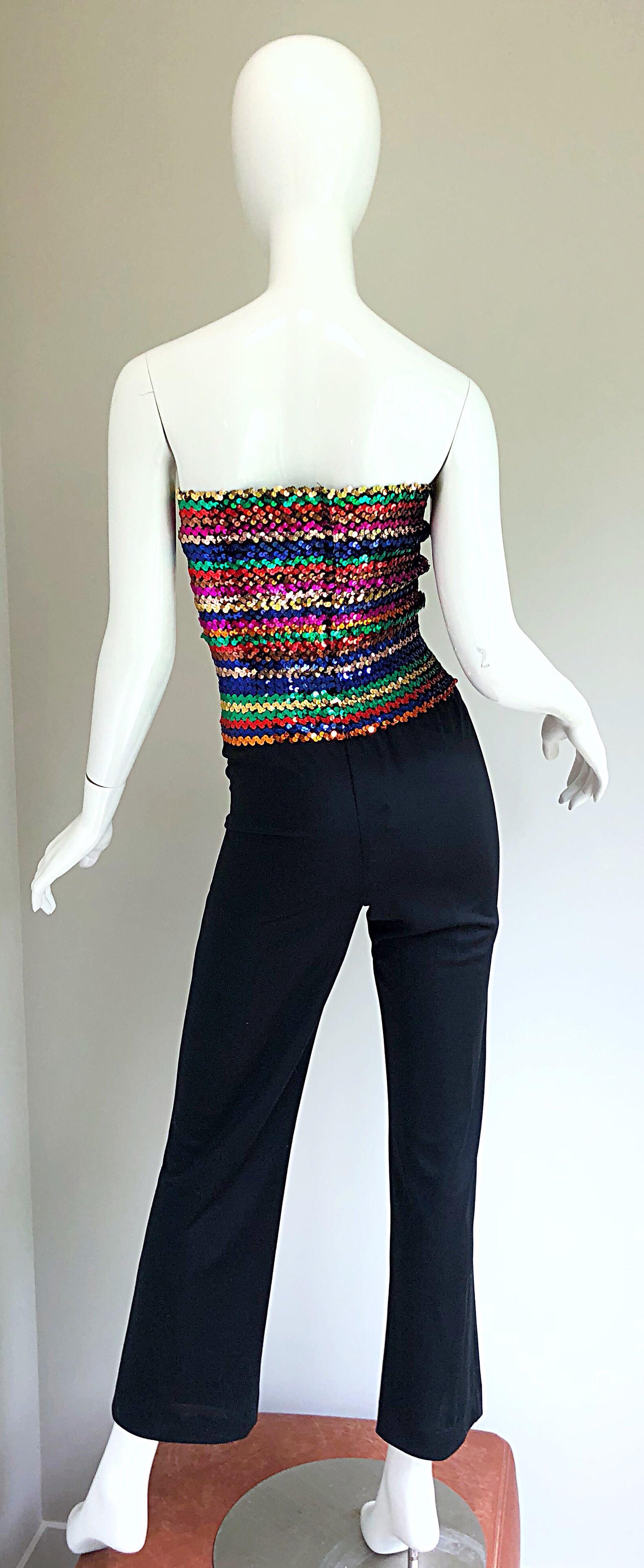 Black Amazing 1970s Rainbow Sequined Strapless Vintage 70s Disco One Piece Jumpsuit