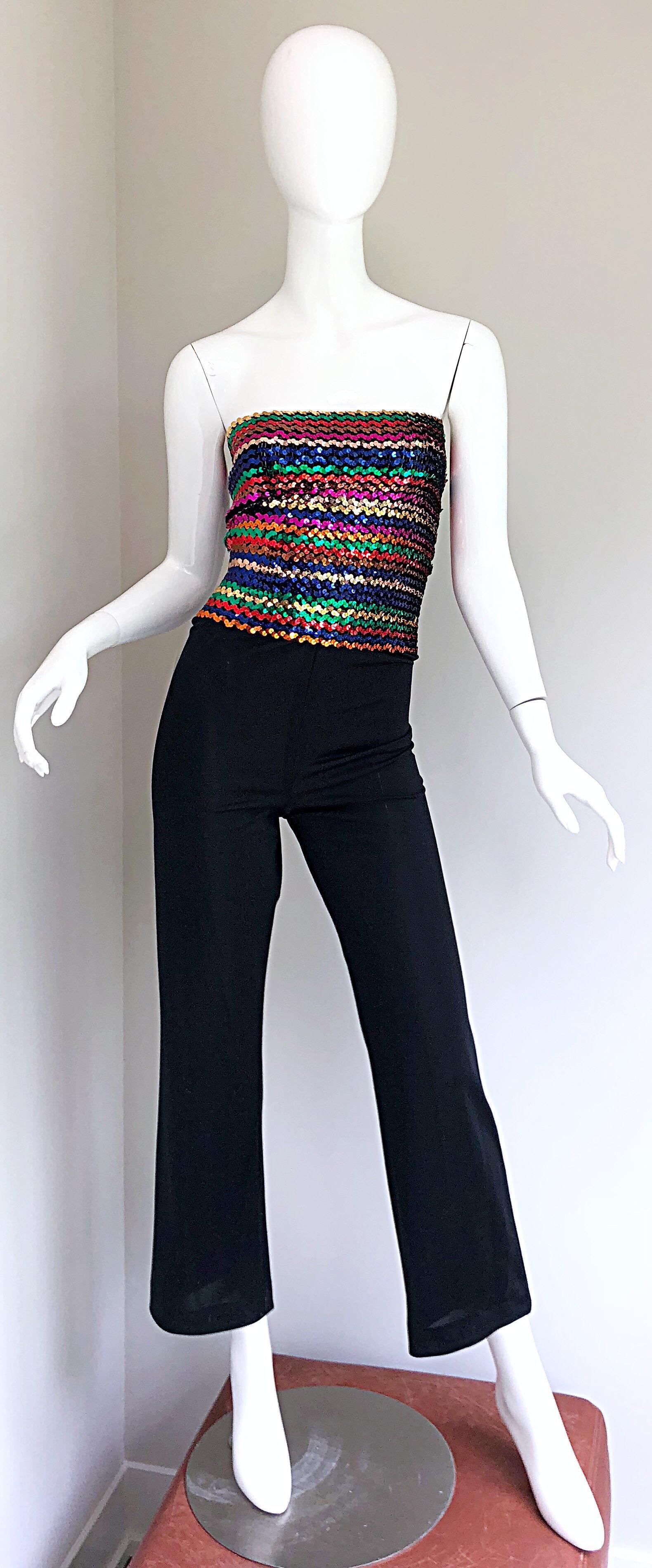 Amazing 1970s Rainbow Sequined Strapless Vintage 70s Disco One Piece Jumpsuit In Excellent Condition In San Diego, CA