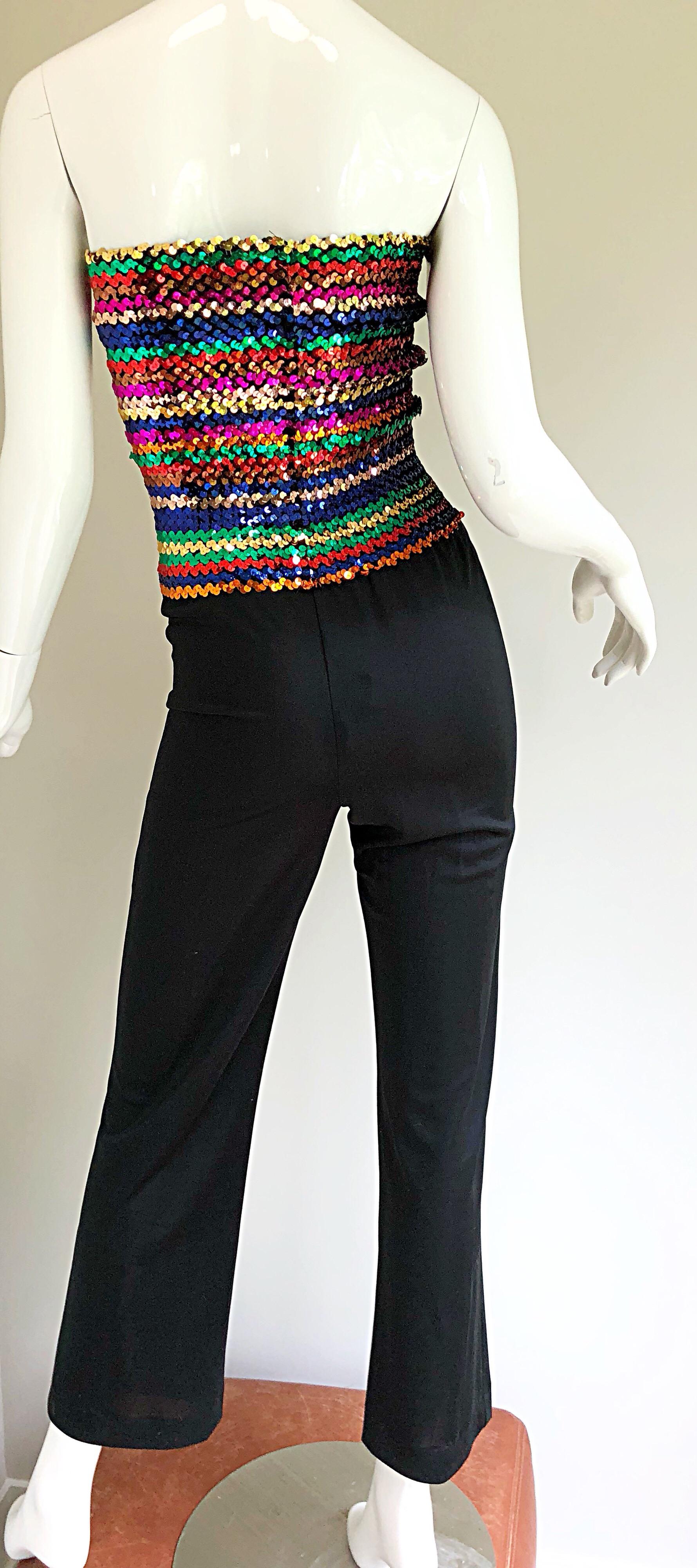 Amazing 1970s Rainbow Sequined Strapless Vintage 70s Disco One Piece Jumpsuit 4