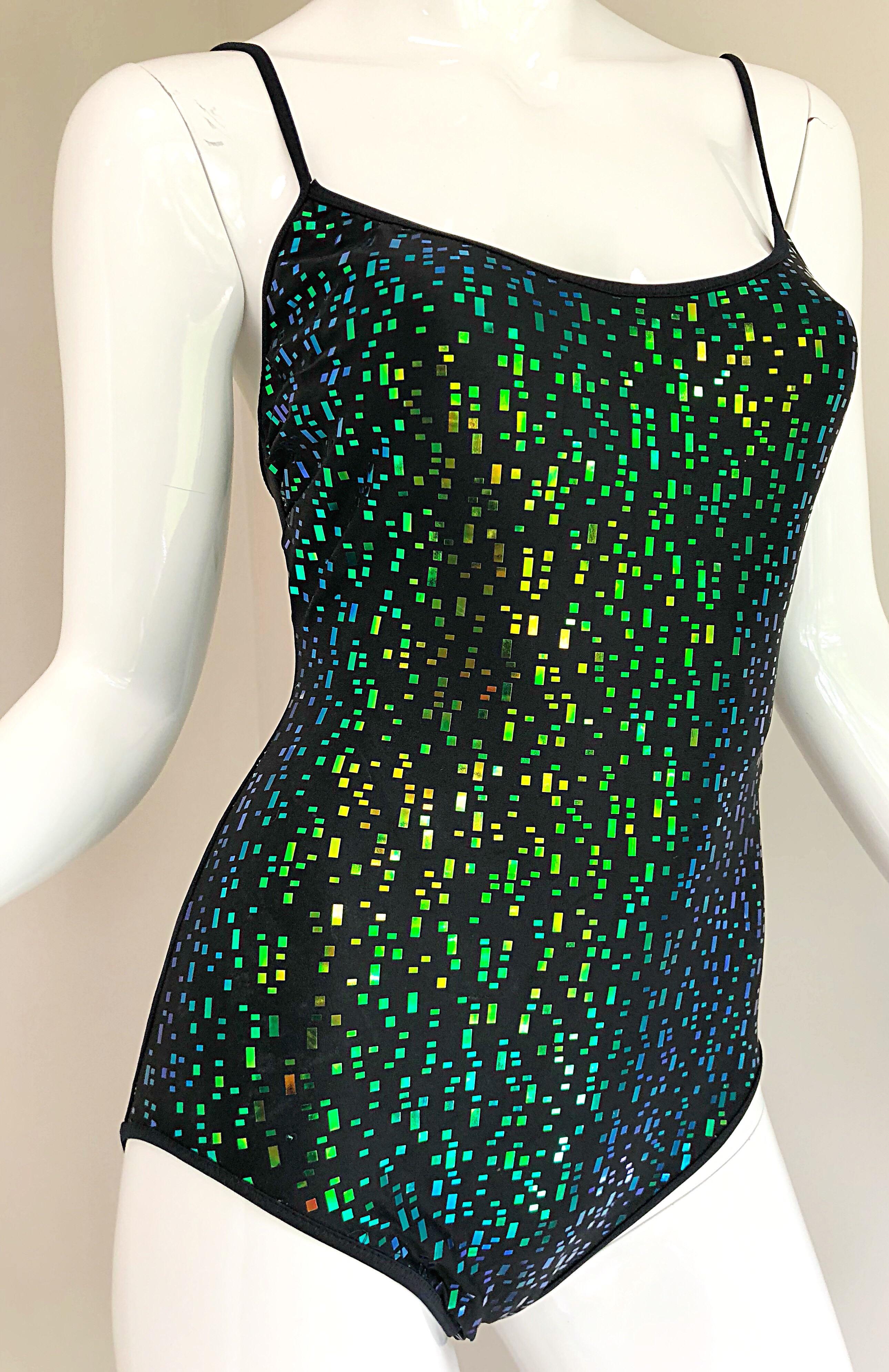 Vintage Oscar de la Renta 90s New w/ Tags Blue Green Sequined One Piece Swimsuit In New Condition For Sale In San Diego, CA