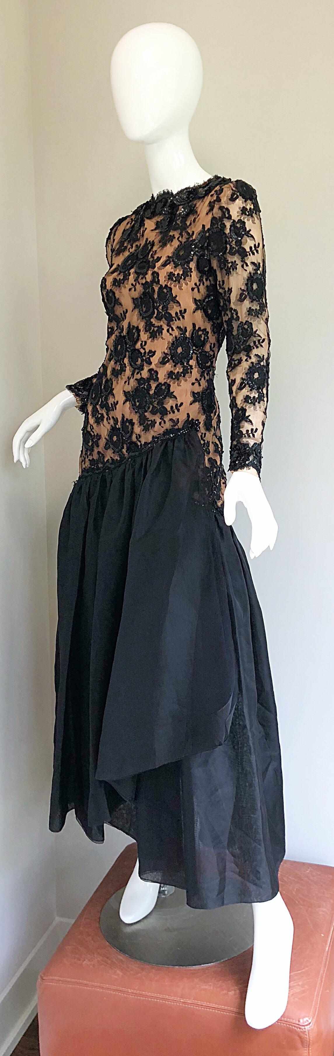 Vintage Bill Blass Black Nude 90s Size 6 / 8 Sequined Chiffon Evening Gown Dress In Excellent Condition For Sale In San Diego, CA