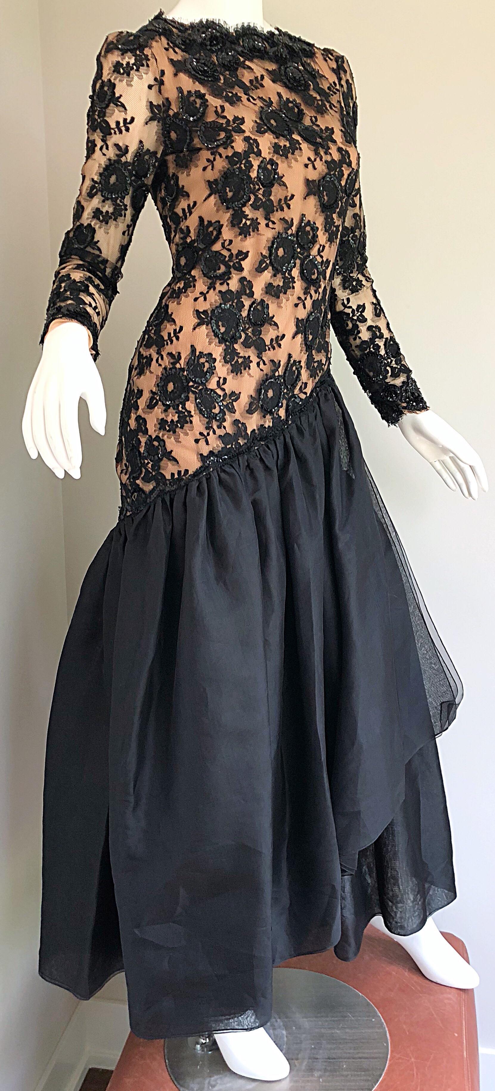 Vintage Bill Blass Black Nude 90s Size 6 / 8 Sequined Chiffon Evening Gown Dress For Sale 6