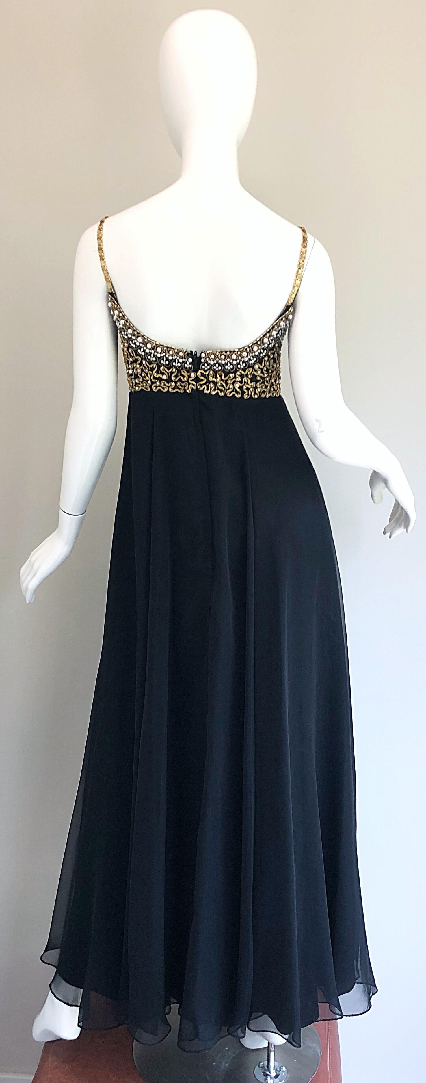 1970s Black + Gold Pearl + Rhinestone Encrusted Vintage 70s Chiffon Evening Gown In Excellent Condition For Sale In San Diego, CA
