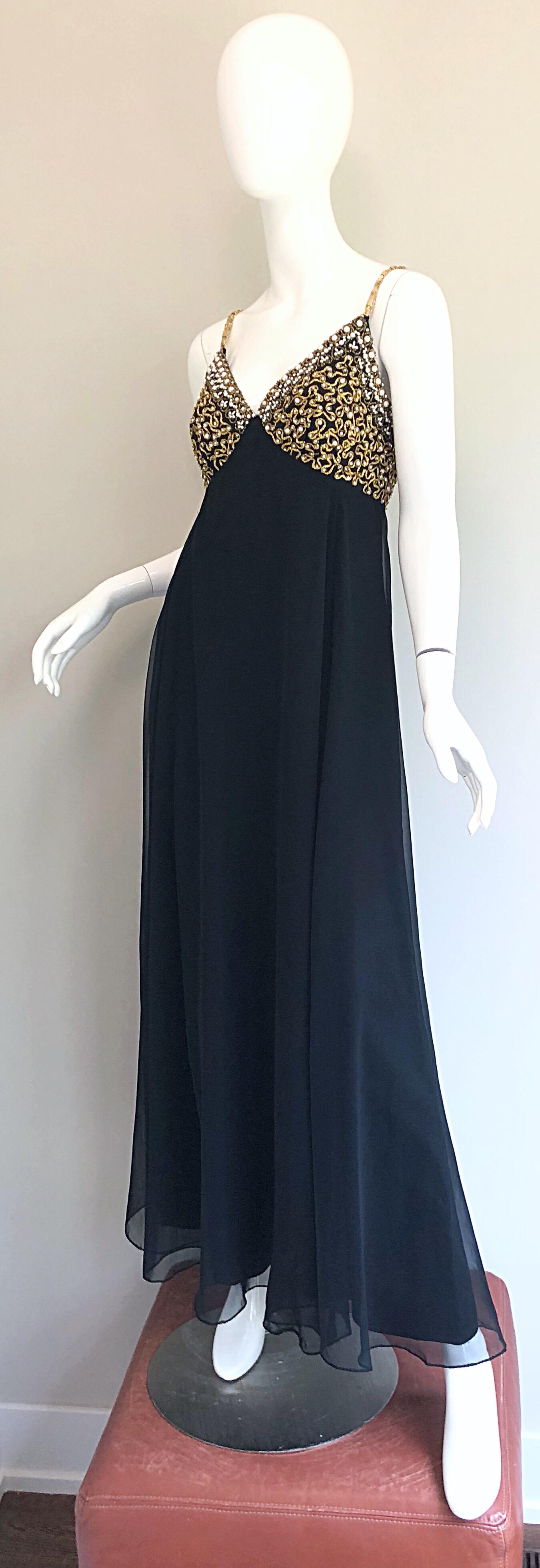 Women's 1970s Black + Gold Pearl + Rhinestone Encrusted Vintage 70s Chiffon Evening Gown For Sale