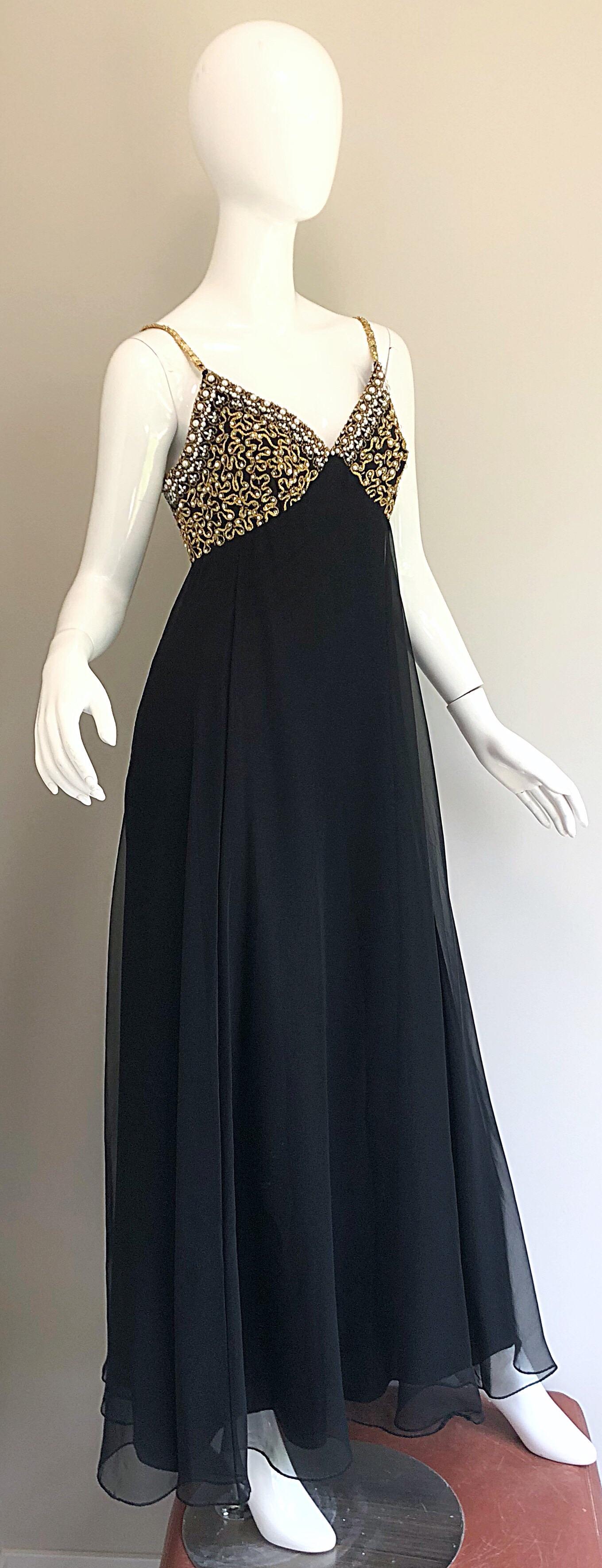 1970s Black + Gold Pearl + Rhinestone Encrusted Vintage 70s Chiffon Evening Gown For Sale 1