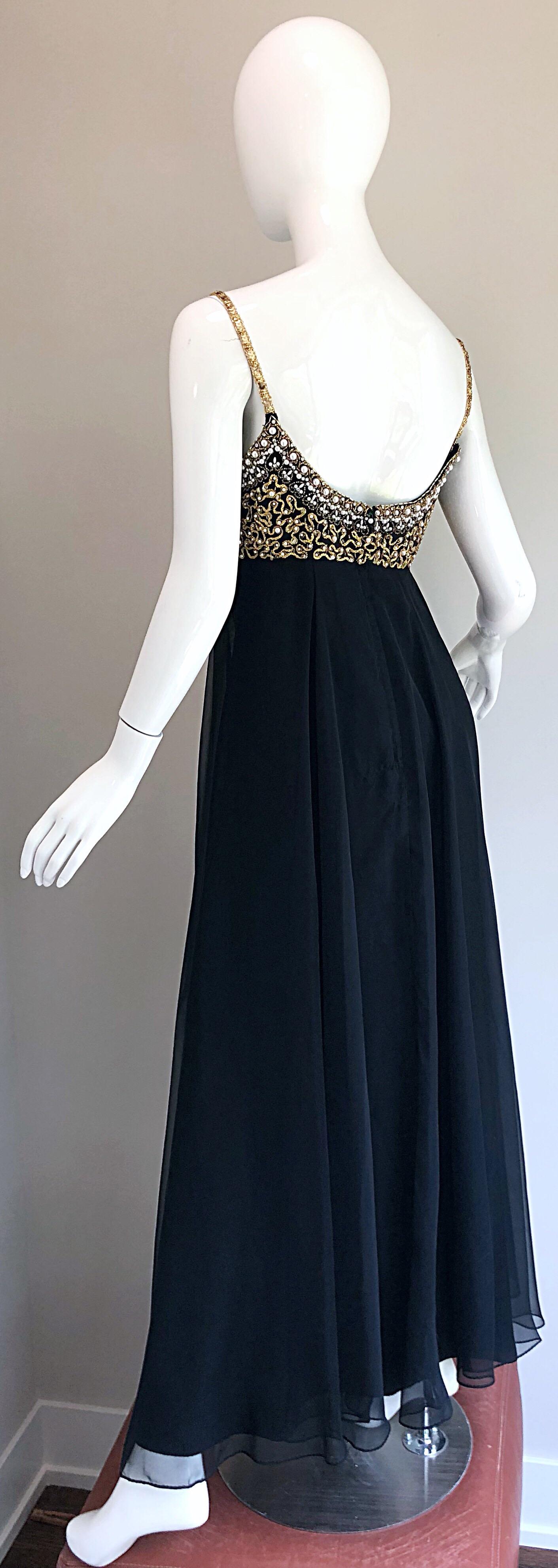 1970s Black + Gold Pearl + Rhinestone Encrusted Vintage 70s Chiffon Evening Gown For Sale 3