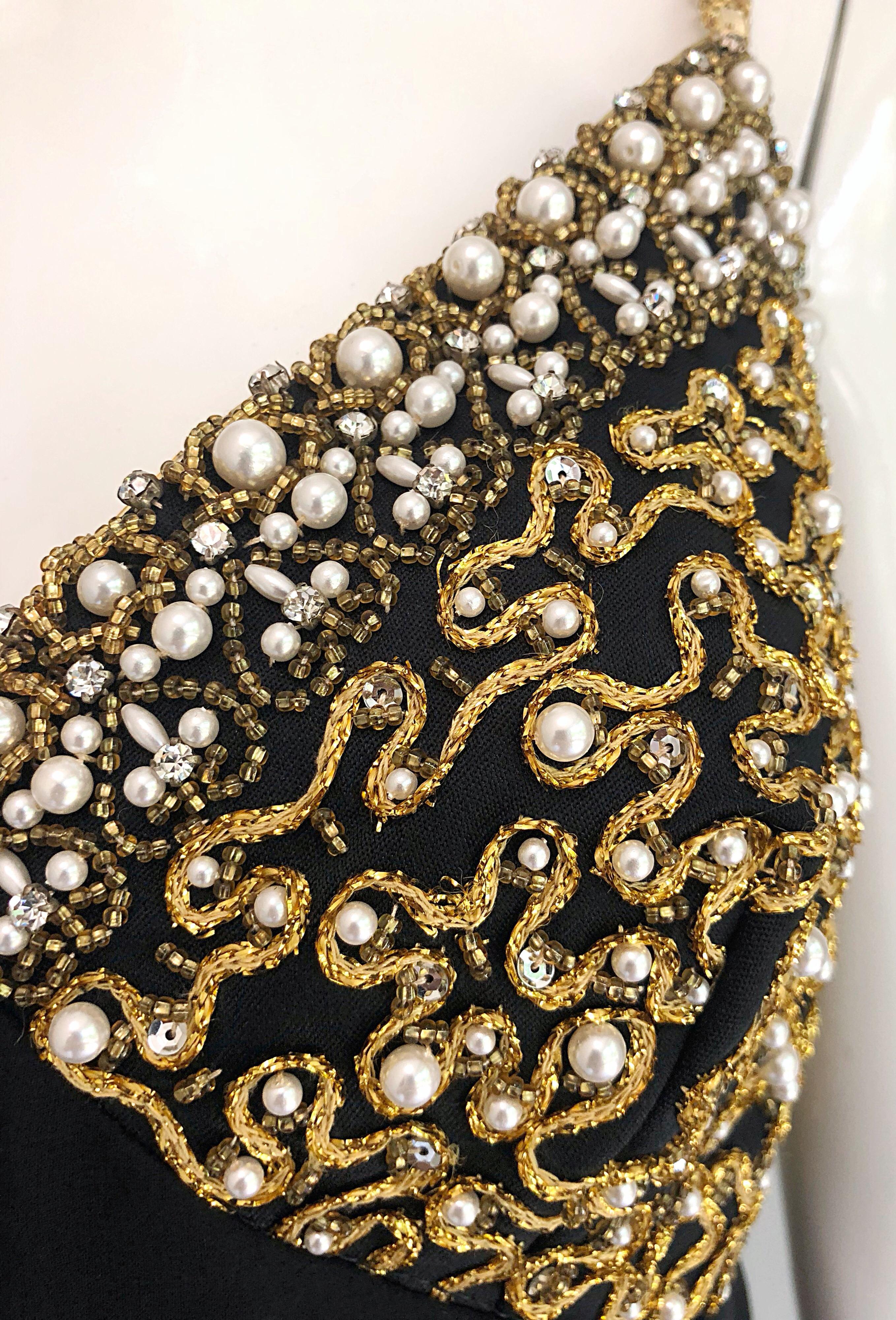 1970s Black + Gold Pearl + Rhinestone Encrusted Vintage 70s Chiffon Evening Gown For Sale 4
