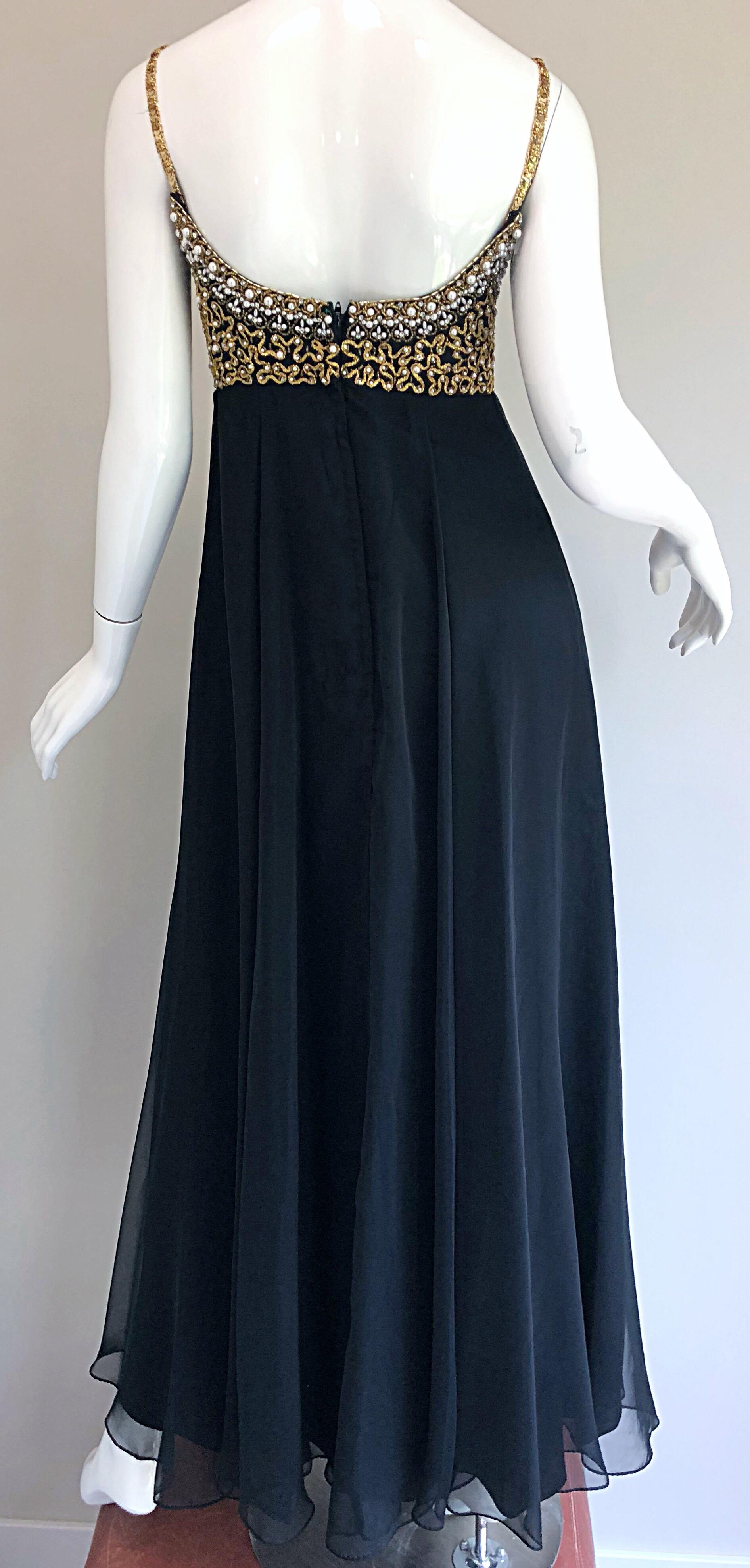 1970s Black + Gold Pearl + Rhinestone Encrusted Vintage 70s Chiffon Evening Gown For Sale 5