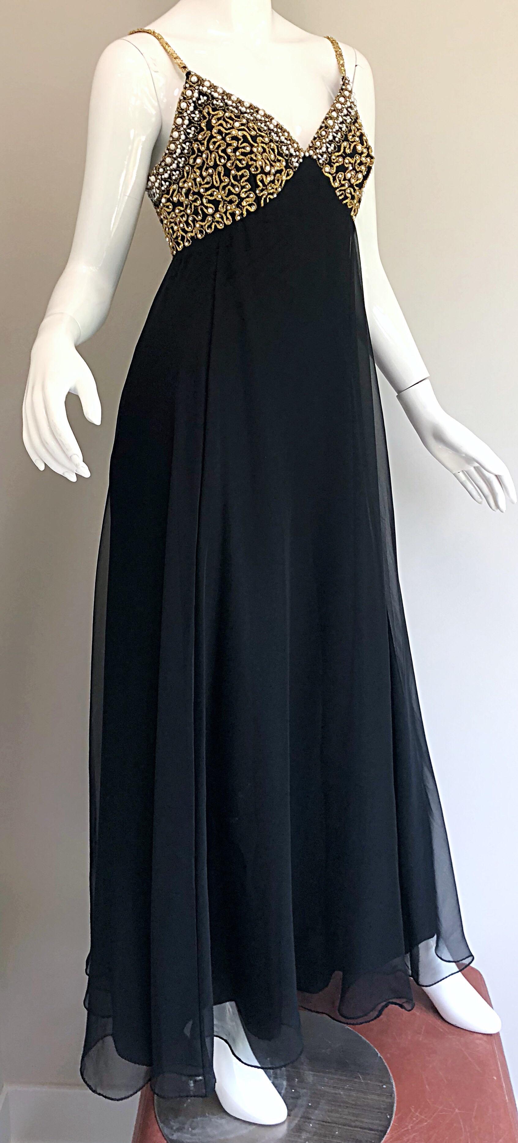 1970s Black + Gold Pearl + Rhinestone Encrusted Vintage 70s Chiffon Evening Gown For Sale 7