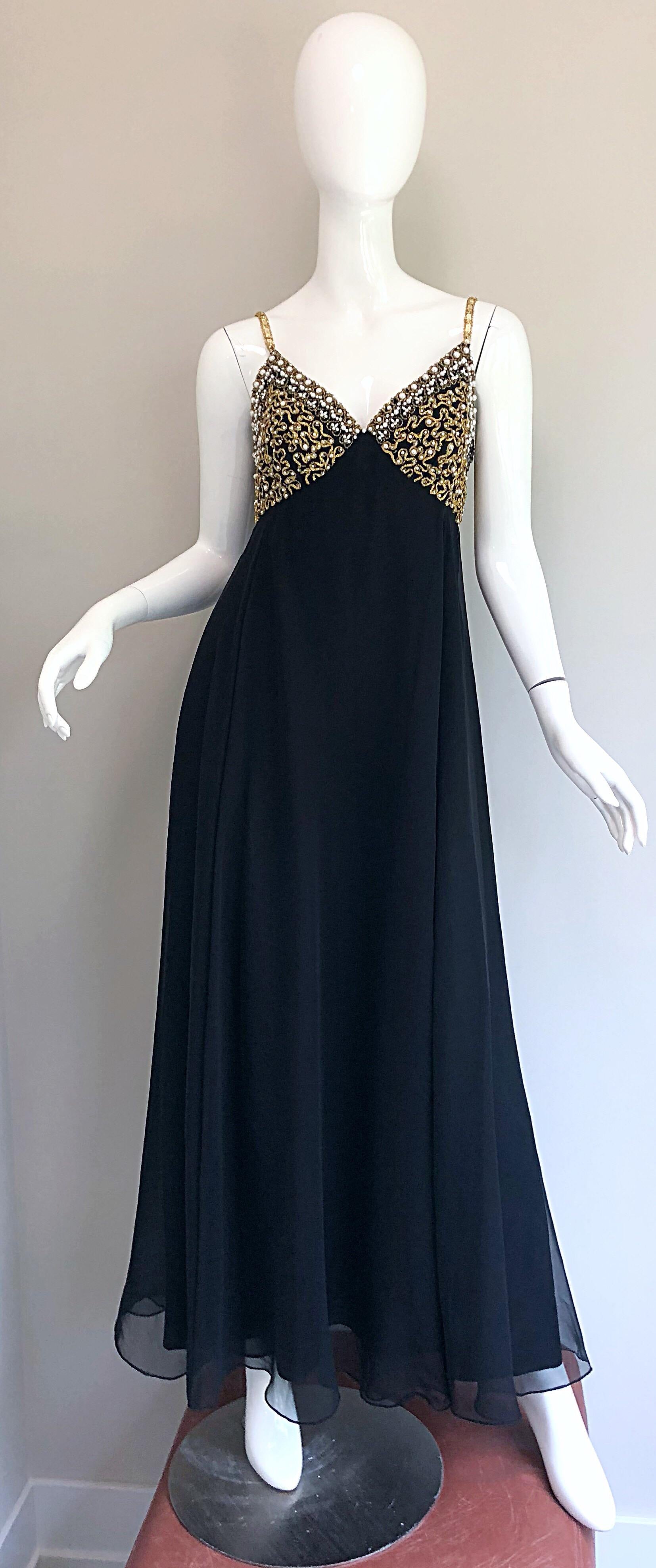 1970s Black + Gold Pearl + Rhinestone Encrusted Vintage 70s Chiffon Evening Gown For Sale 9