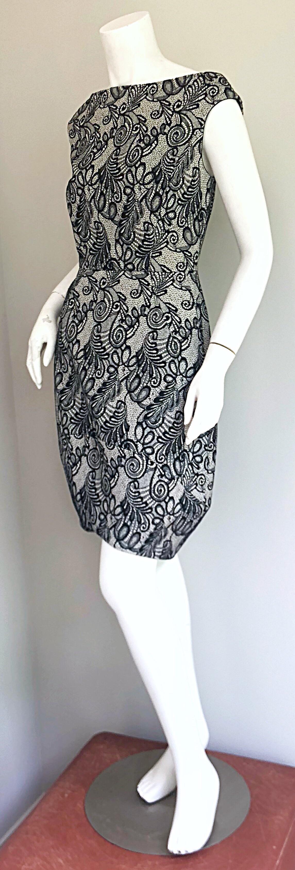 Bill Blass by Michael Vollbracht Black and White Lace Tulip Hem 2000s Dress For Sale 5