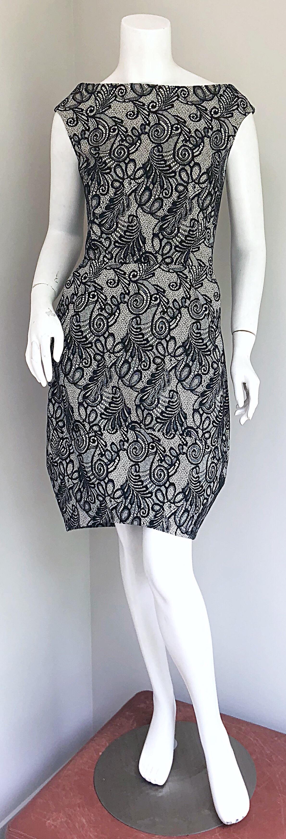 Bill Blass by Michael Vollbracht Black and White Lace Tulip Hem 2000s Dress For Sale 8