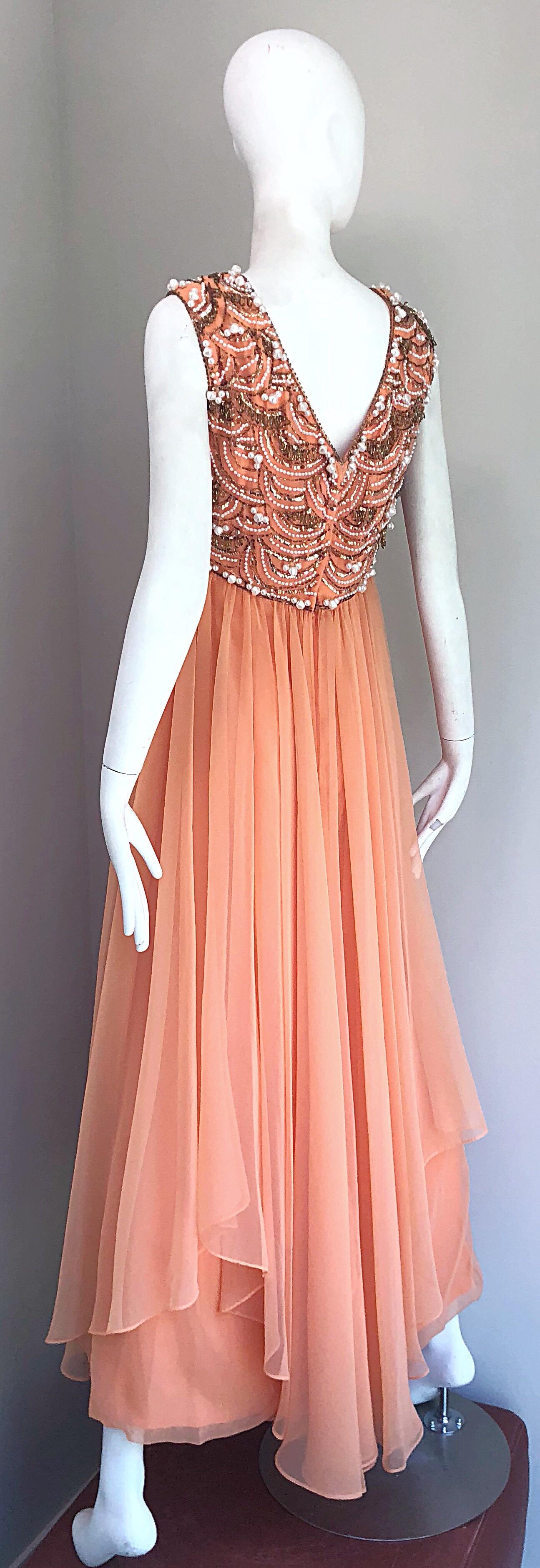 1960s Isabell Gerhart Sherbet Coral Demi Couture Beaded Chiffon 60s Gown Dress In Excellent Condition For Sale In San Diego, CA