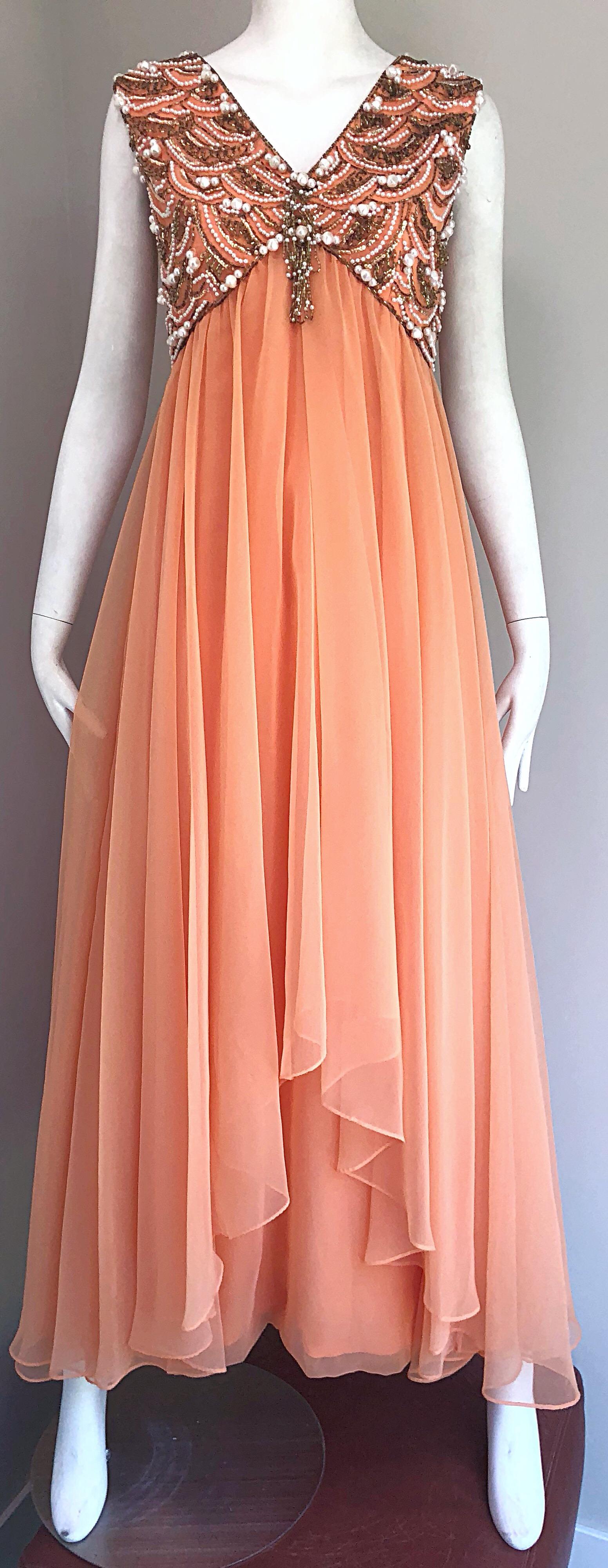 Women's 1960s Isabell Gerhart Sherbet Coral Demi Couture Beaded Chiffon 60s Gown Dress For Sale