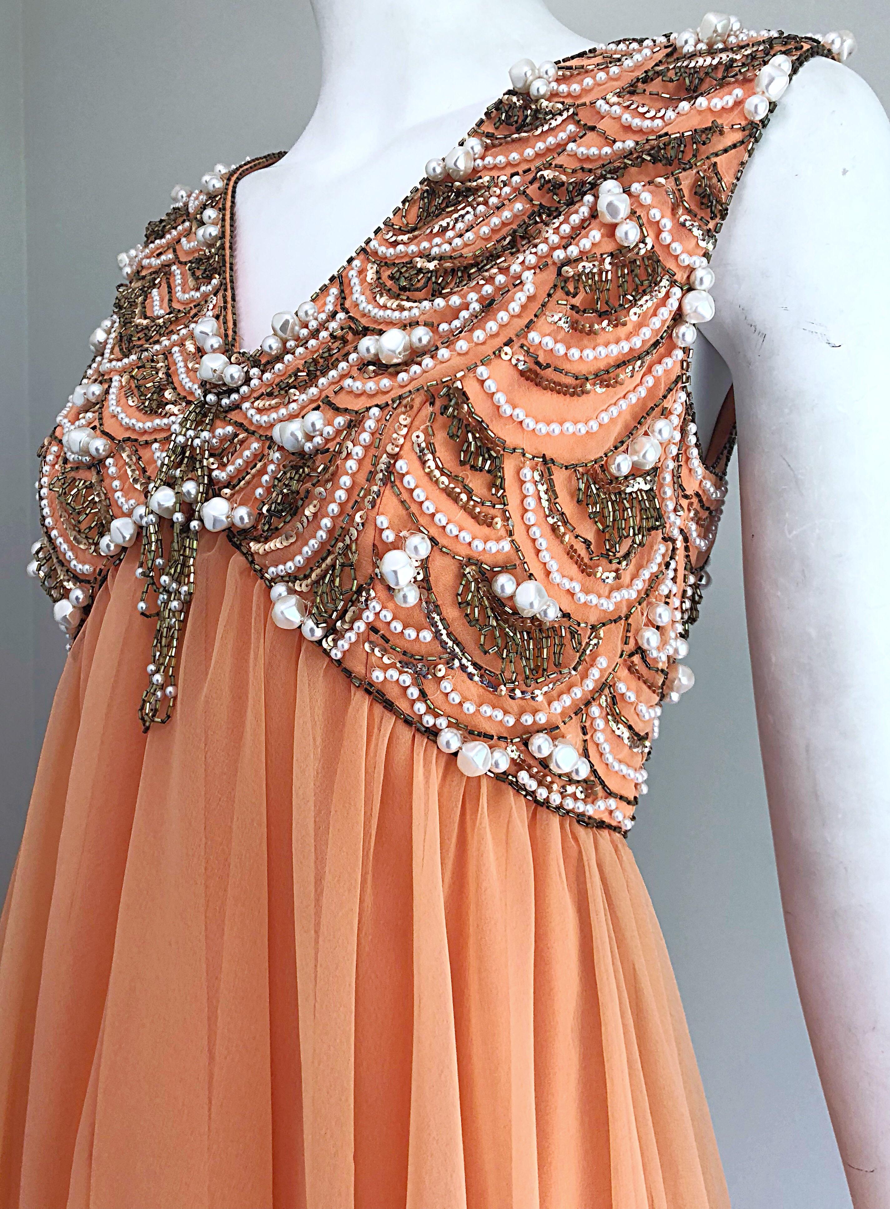 1960s Isabell Gerhart Sherbet Coral Demi Couture Beaded Chiffon 60s Gown Dress For Sale 1