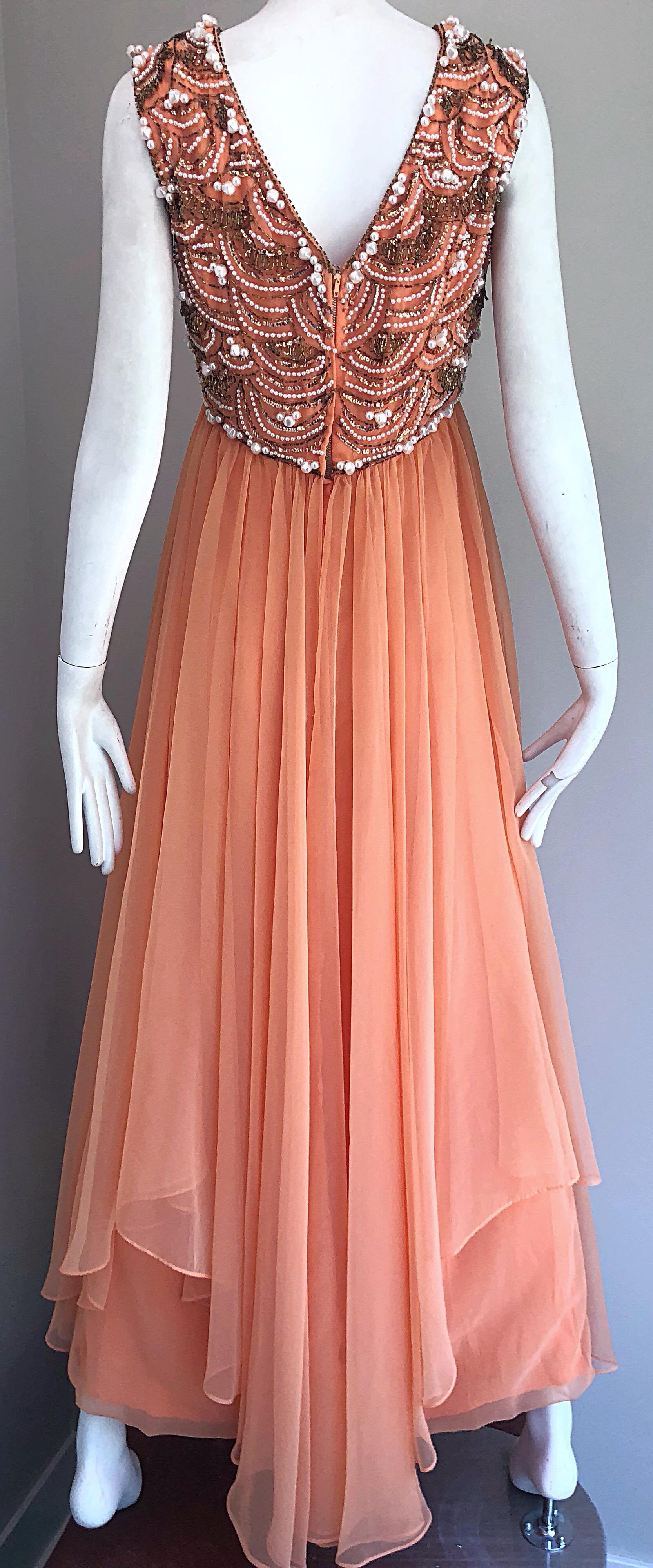 1960s Isabell Gerhart Sherbet Coral Demi Couture Beaded Chiffon 60s Gown Dress For Sale 2