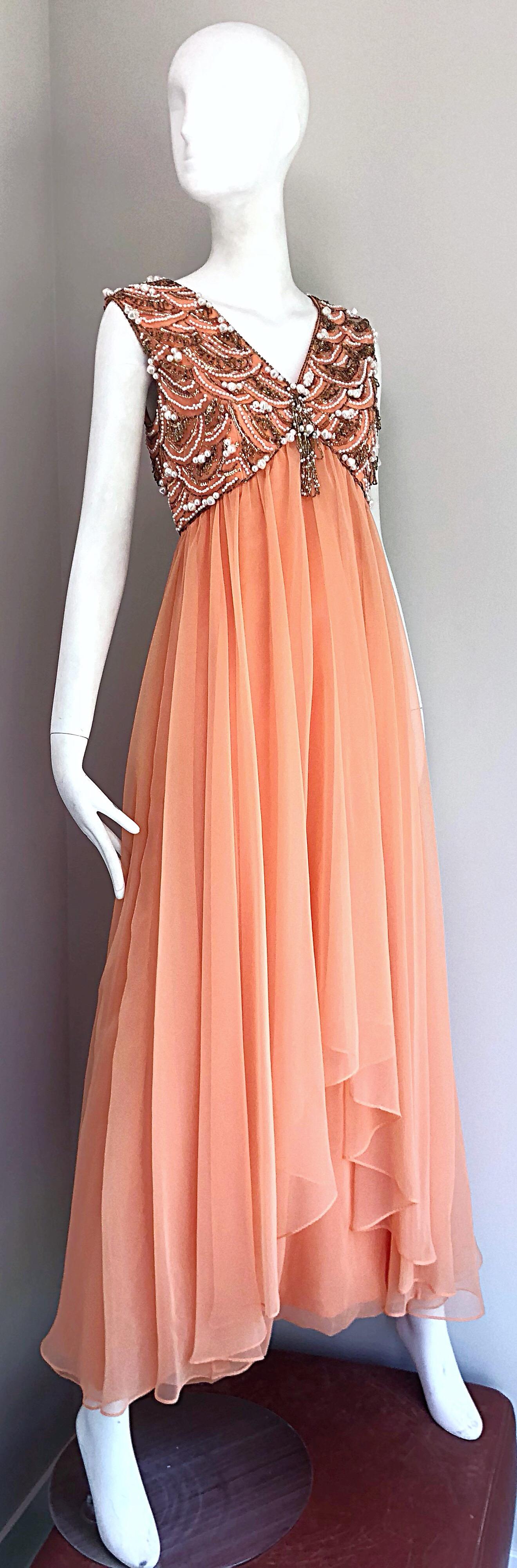 1960s Isabell Gerhart Sherbet Coral Demi Couture Beaded Chiffon 60s Gown Dress For Sale 3