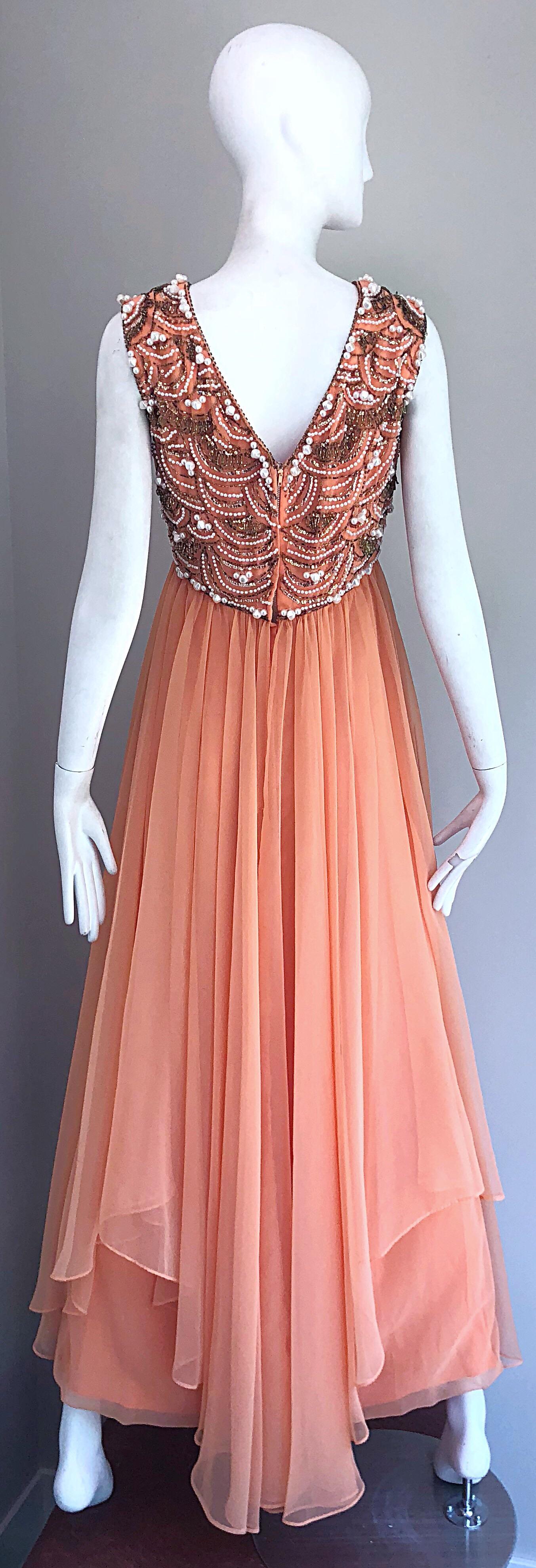 1960s Isabell Gerhart Sherbet Coral Demi Couture Beaded Chiffon 60s Gown Dress For Sale 4