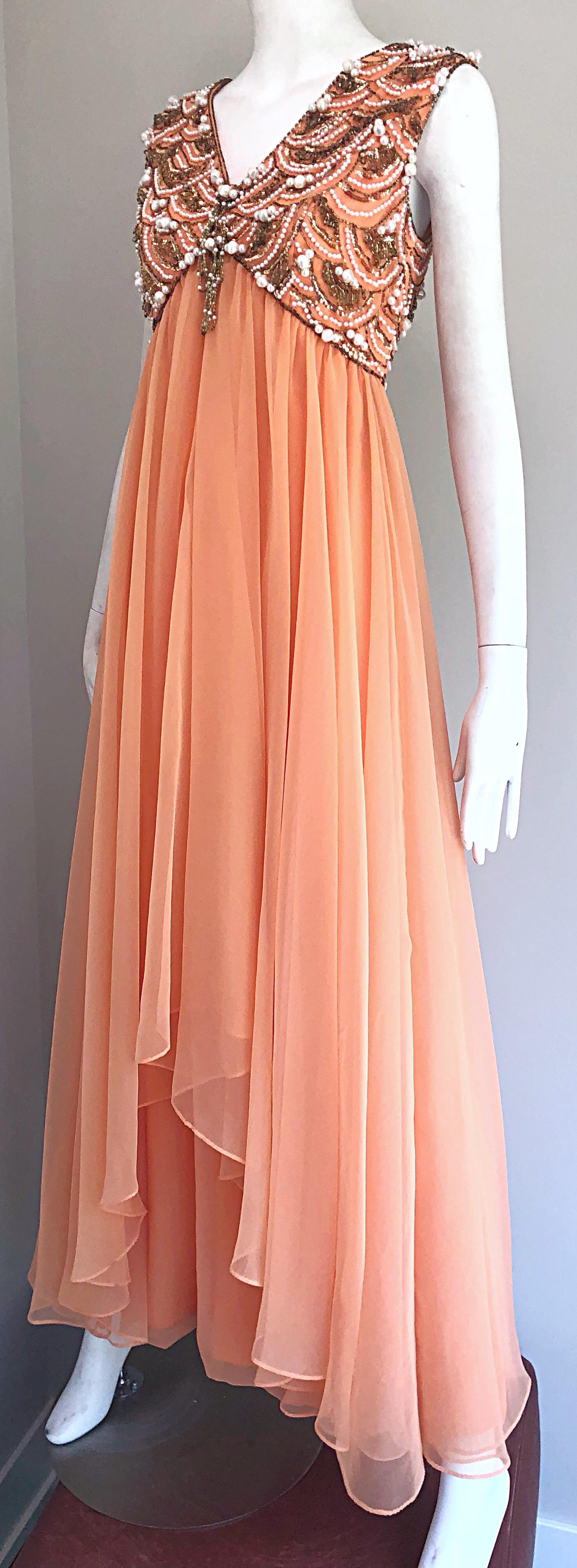 1960s Isabell Gerhart Sherbet Coral Demi Couture Beaded Chiffon 60s Gown Dress For Sale 5